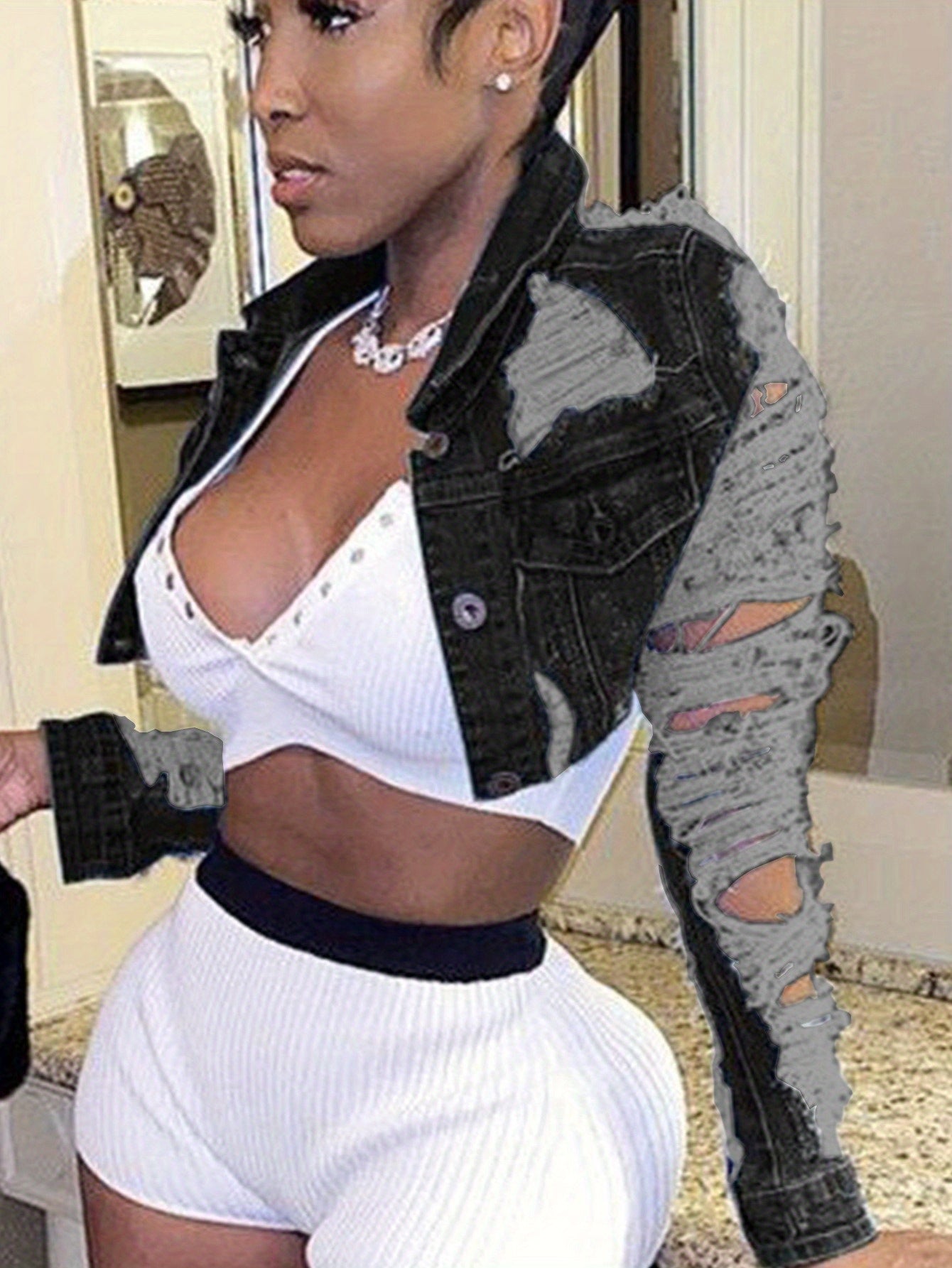 's Sexy Short Denim Jacket - Collar & Single-Breasted Mini Coat with Belt-like Waist, Short Length (Below Hip) - Machine Washable Winter Cardigan for Casual & Formal Outfits - Elegant Denim Outerwear