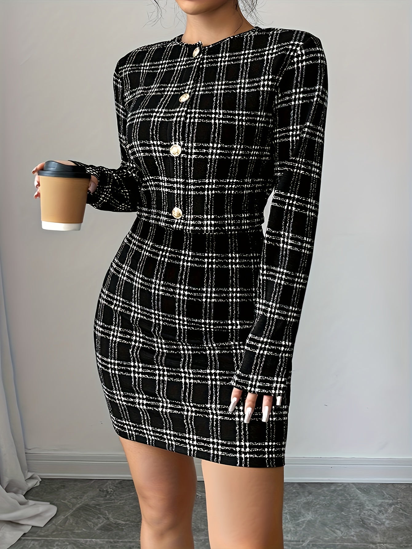2025 New Elegant Resort Style Collection: Plaid Print Buttoned Long-Sleeve Coat + Slim Camisole Dress, Vacation Outfit, Elegant Ensemble, Classic Plaid Pattern, Lightweight Fabric, Machine Washable, Matching Outfit, Travel En