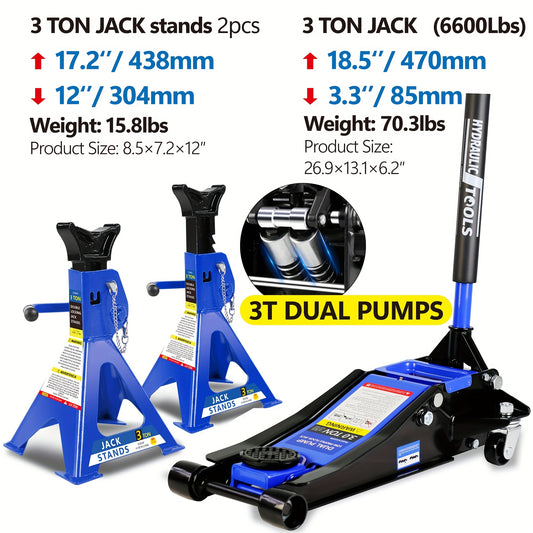 3 Ton Hydraulic Trolley Car Jack Steel Floor Jack with 2 Ratchet 2 Ton Jack Stands, Quick Rise Piston Pump Low Profile, Truck Jack Combo, Service Jack, Farm Jack Tire Repair (4, 000 Lbs.)