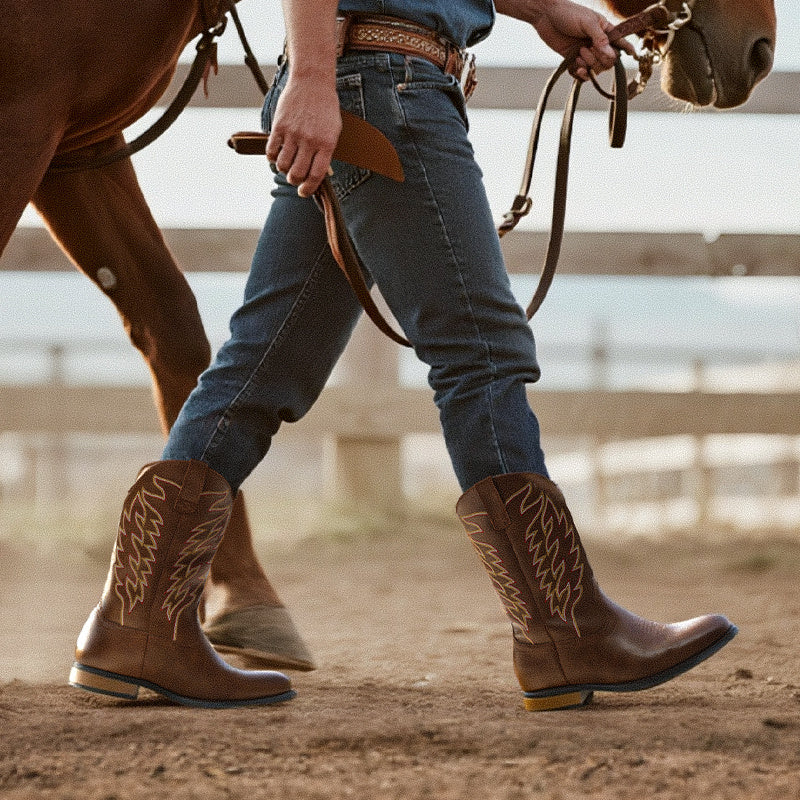Bruno Marc Men's Slip-On Western Cowboy Boots with Chic Cloud Pattern & Orange Flame-like Toe - Non-Slip TPR/Rubber Sole, Comfortable PU Upper, Retro Square Toe - All-Terrain Riding, Masquerade & Party Boots for Men (Easy Sli