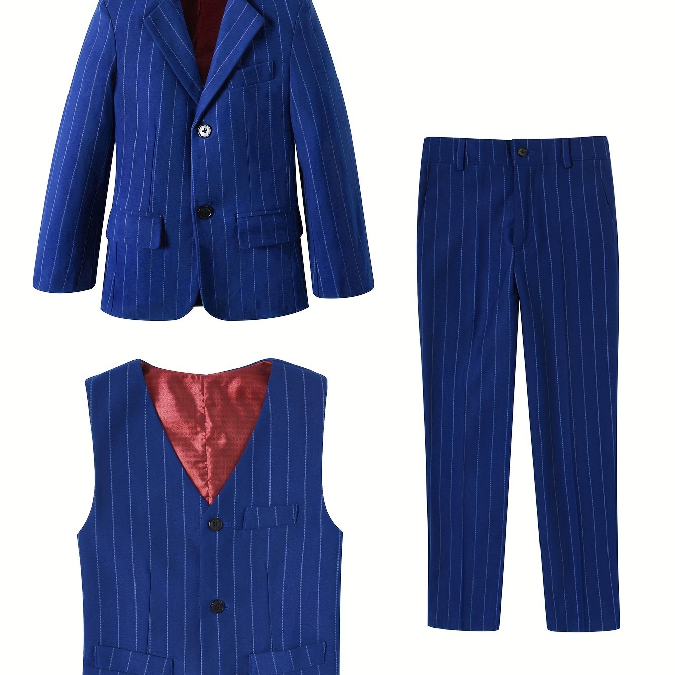 Boys' Suit 3pcs Set Boys Striped Suit Set - Blazer Jacket Vest & Pants for Kids Formal Wedding Church Baptism Party Outfit Slim Fit Stretch Comfortable Tuxedo Photoshoot Attire Size 3-16