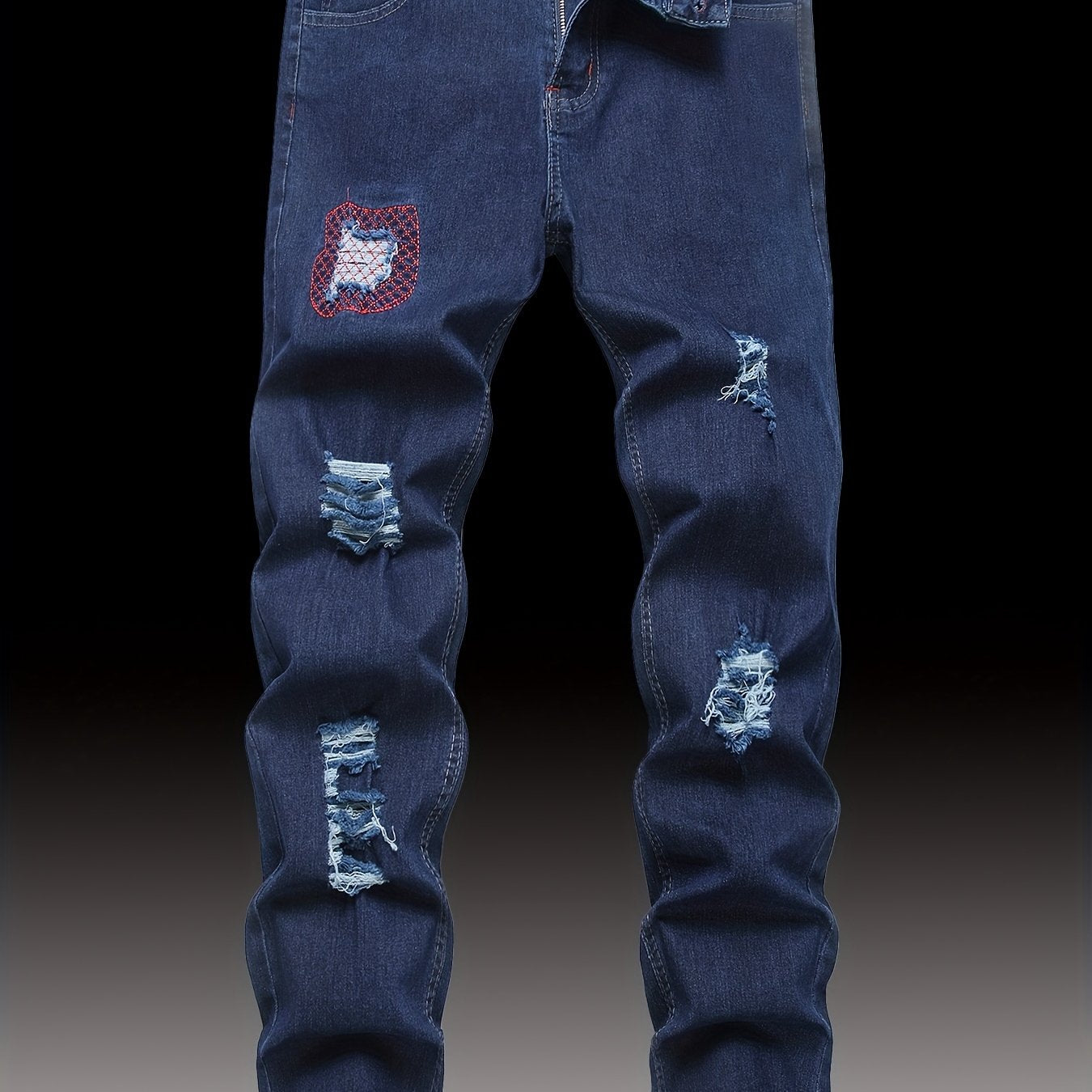 Men's Premium Stretch Denim Jeans - Slim Fit Straight Leg Distressed Ripped Jeans with Details, Medium Stretch Comfort, Street Style All-Season Casual Pants, Machine Washable, Trendy Streetwear