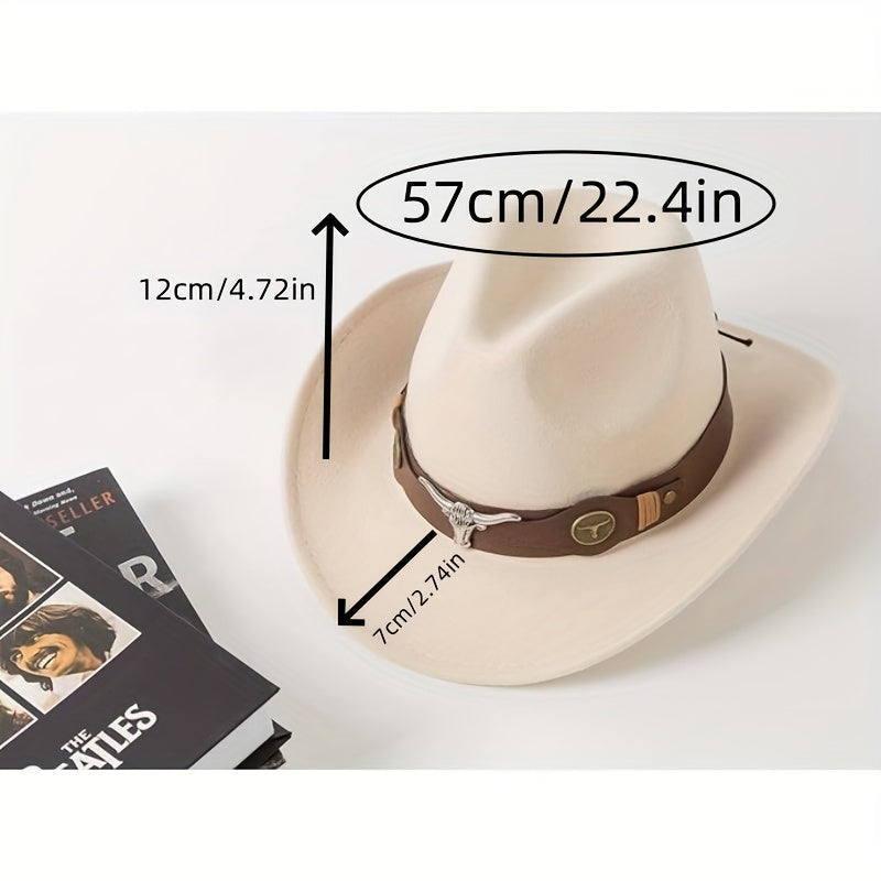 [2-Pack Western Cowboy Hats] 2-Pack Stylish Western Cowboy Hats, Beige & Brown, Unisex Polyester Felt Hats | Wide Brim Hat, Faux Leather & Bull Head Belt, Perfect for Western Themed Events, Costume Parties, and Outdoor Advent