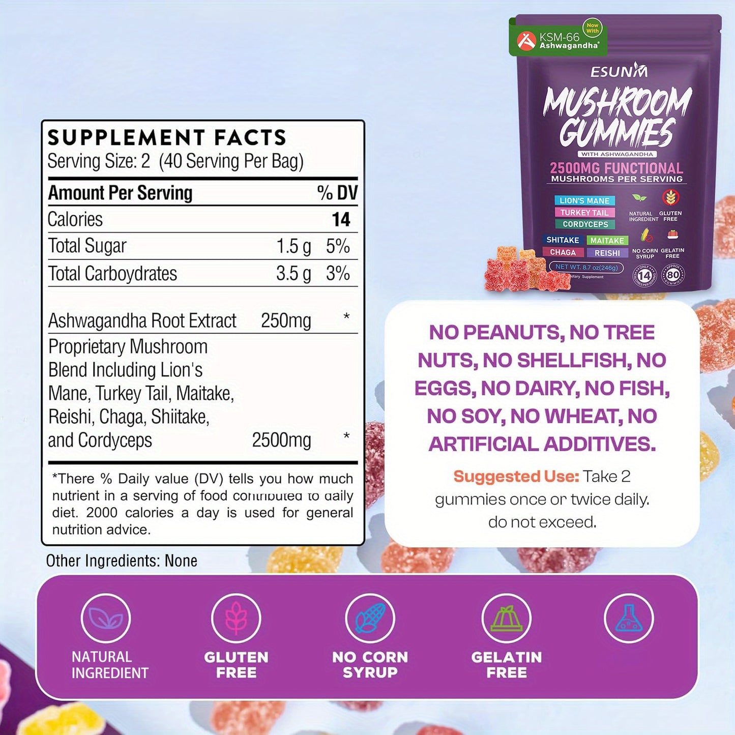 1/2/3/4 Bags Ashwagandha And Lions Mane Mushroom Gummies - Includes Reishi, Cordyceps, Turkey Tail, Maitake, Shiitake, And Chaga, Low Carb, 80 Gummies Per Bag