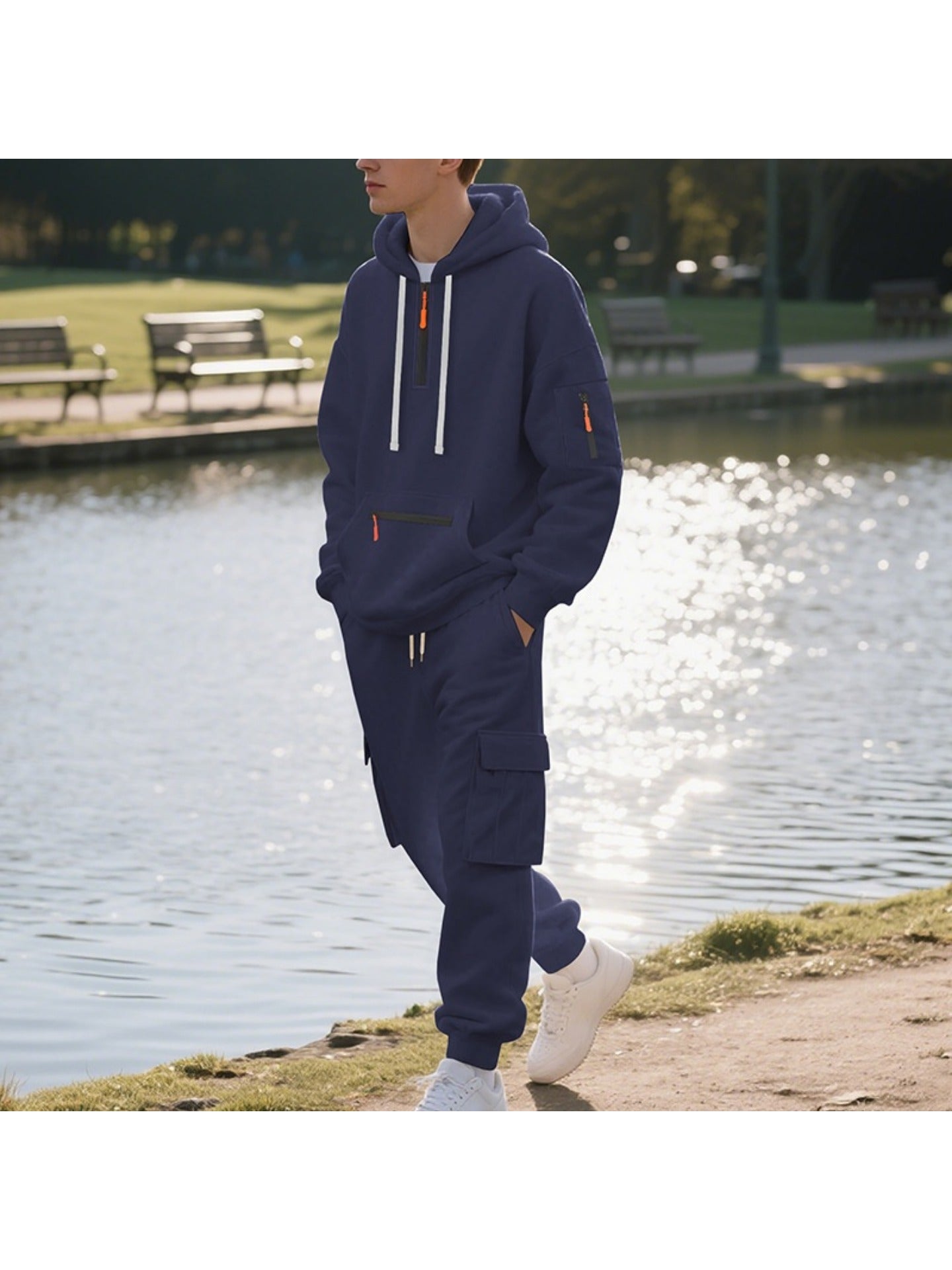 1 Set 2pcs Men's Athletic Casual Tracksuit - Fleece Lined Hooded Long Sleeve Pullover Sweatshirt & Pocketed Sports Pants, Warm Fleece Lining with Breathable Fabric, Perfect for Daily Wear, Outdoor Activities, Home Leisure - M