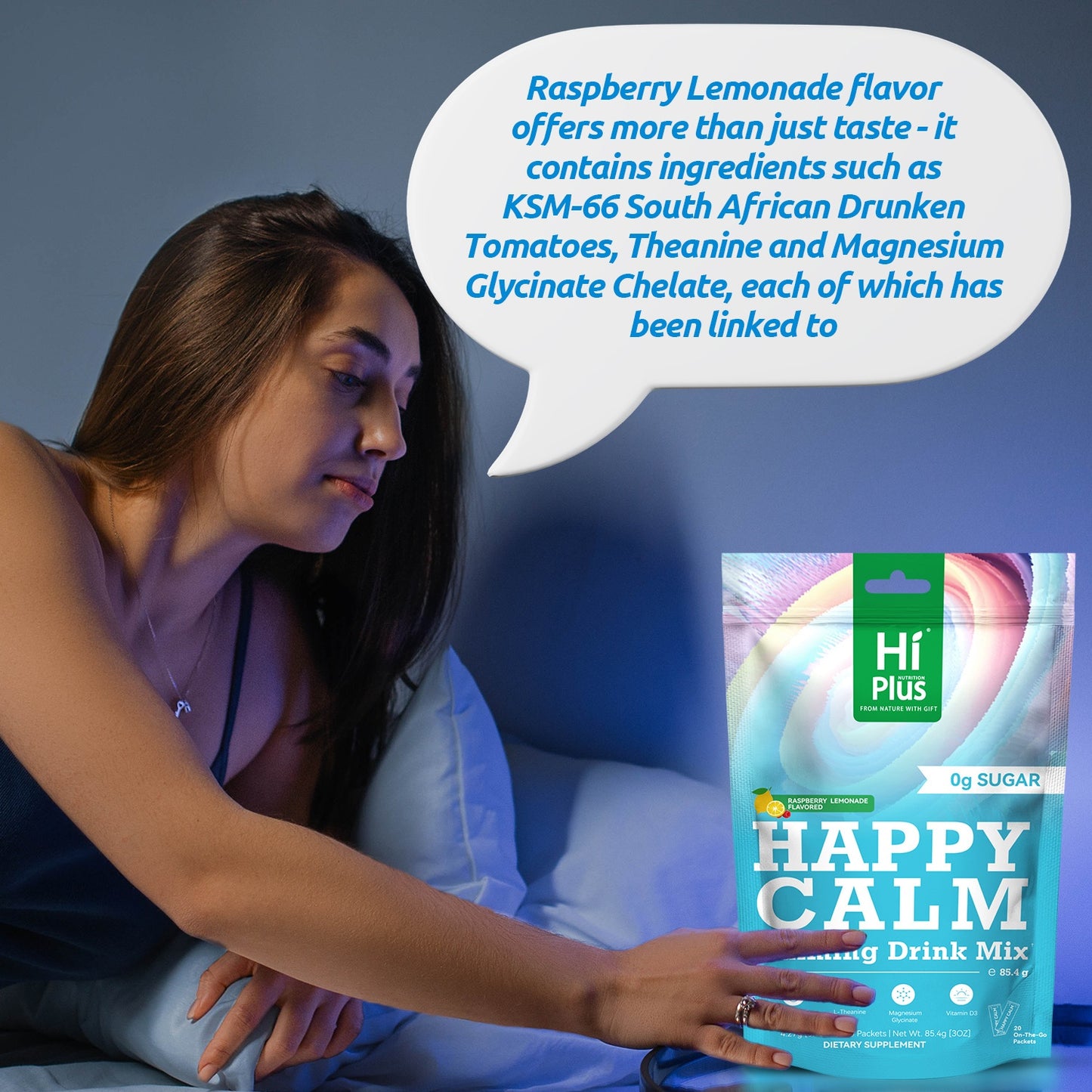 HiPlus Calm Super Powdered Drink Mix, Raspberry Lemonade, L Theanine, Ksm-66 Ashwagandha, Magnesium Glycinate, Vitamin D 3, Supplement for Relaxation And Concentration, Sugar-Free, On-the-Go, 20 Ct-Calming Magnesium Calming P