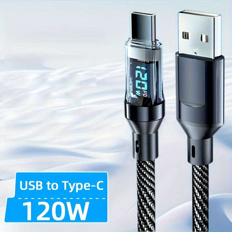 [Fast Type-C Cable] Super Fast 120W USB A to Type-C Cable - LED Digital Display, Matte Finish, Data Sync, USB Power Delivery, 6A High Current - Compatible with iPhone 15/16, Xiaomi, POCO, Samsung