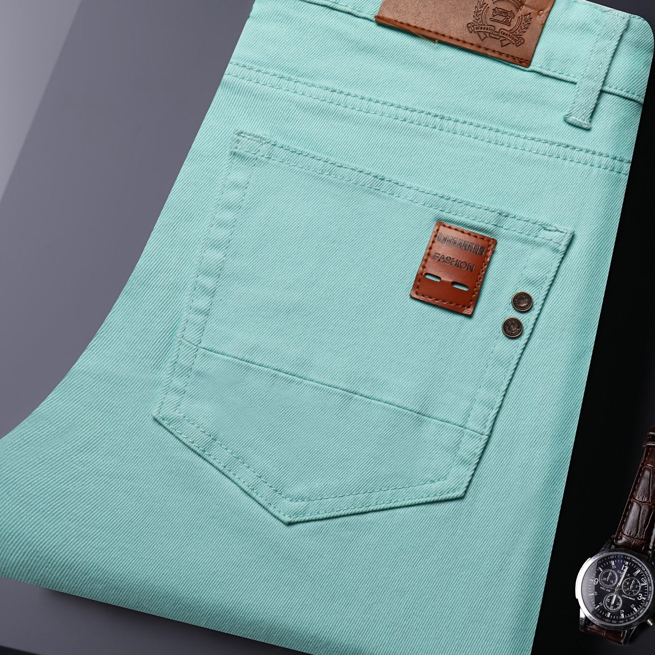 Men's All-Season Slim-Fit Straight-Leg Business Casual Faux Denim - Mid-Rise Beltless Design with Built-In Zipper Closure, Water-Washable Stretch Fabric, Multi-Color Options for Office, Semi-Formal & Casual Attire - Versatile