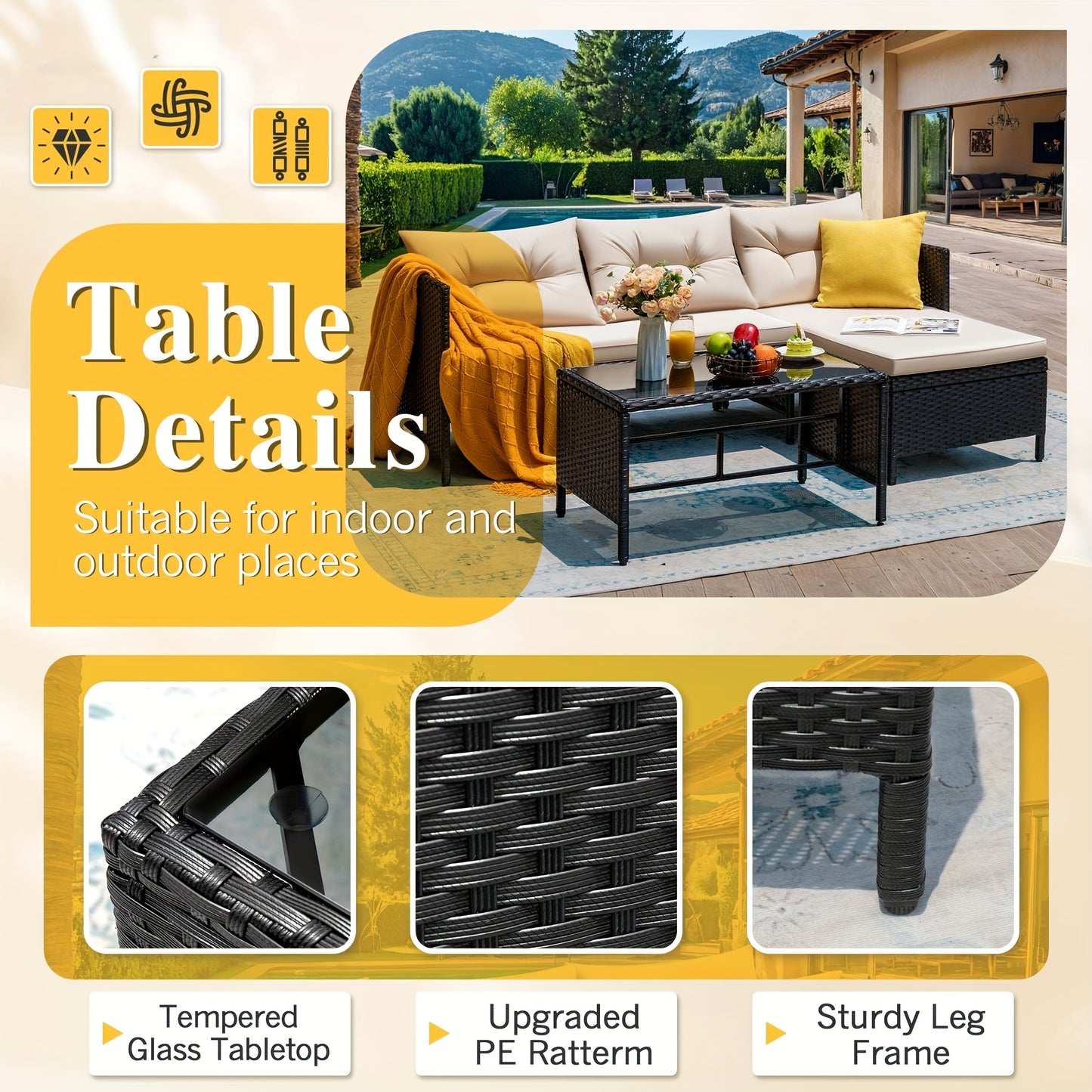 Outdoor Rattan Sofa, L-Shaped Lounge Chair With Table, Black Rattan And Beige Cushion