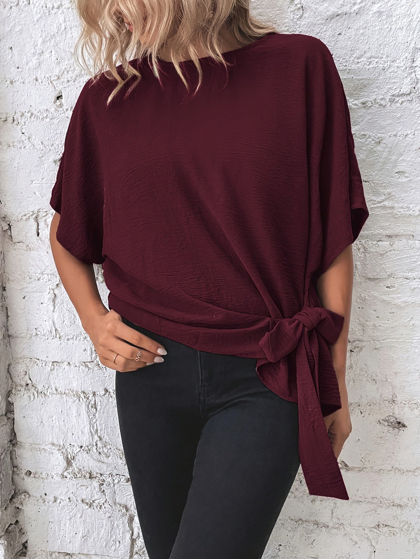 [Burgundy Casual Shirt] Burgundy Women's Casual Shirt | Batwing Sleeve, Side Knot Detail, Round Neck, Solid Color, Machine Washable, Regular Fit