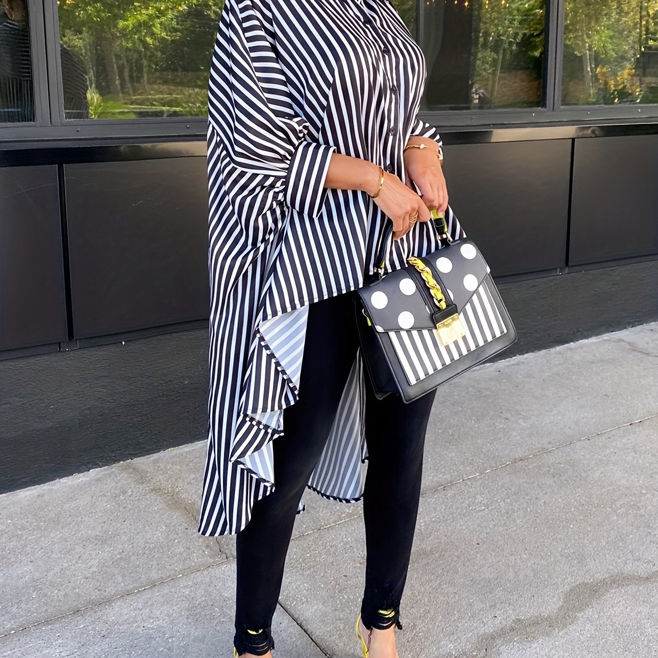 Chic High-Low Hem Striped Shirt - Effortless Long Sleeve, Button-Up Top for Casual Wear