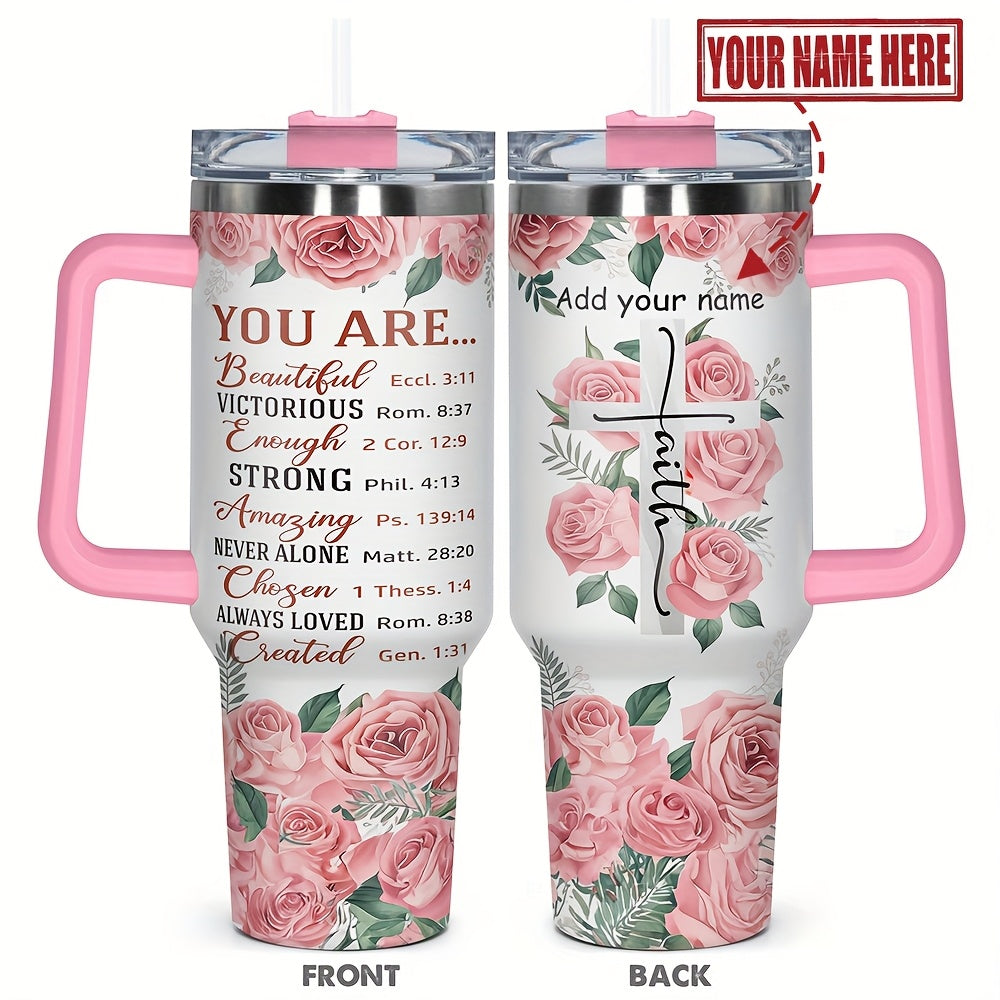 1pc RZUIYTE Personalized 40oz Stainless Steel Tumbler with Lid – Custom Name, Insulated & Durable, Floral Design, Ideal Gift for Birthdays, Holidays, Special Occasions, Christian Themed Gift|Vibrant Pink Handle|Durable Drin