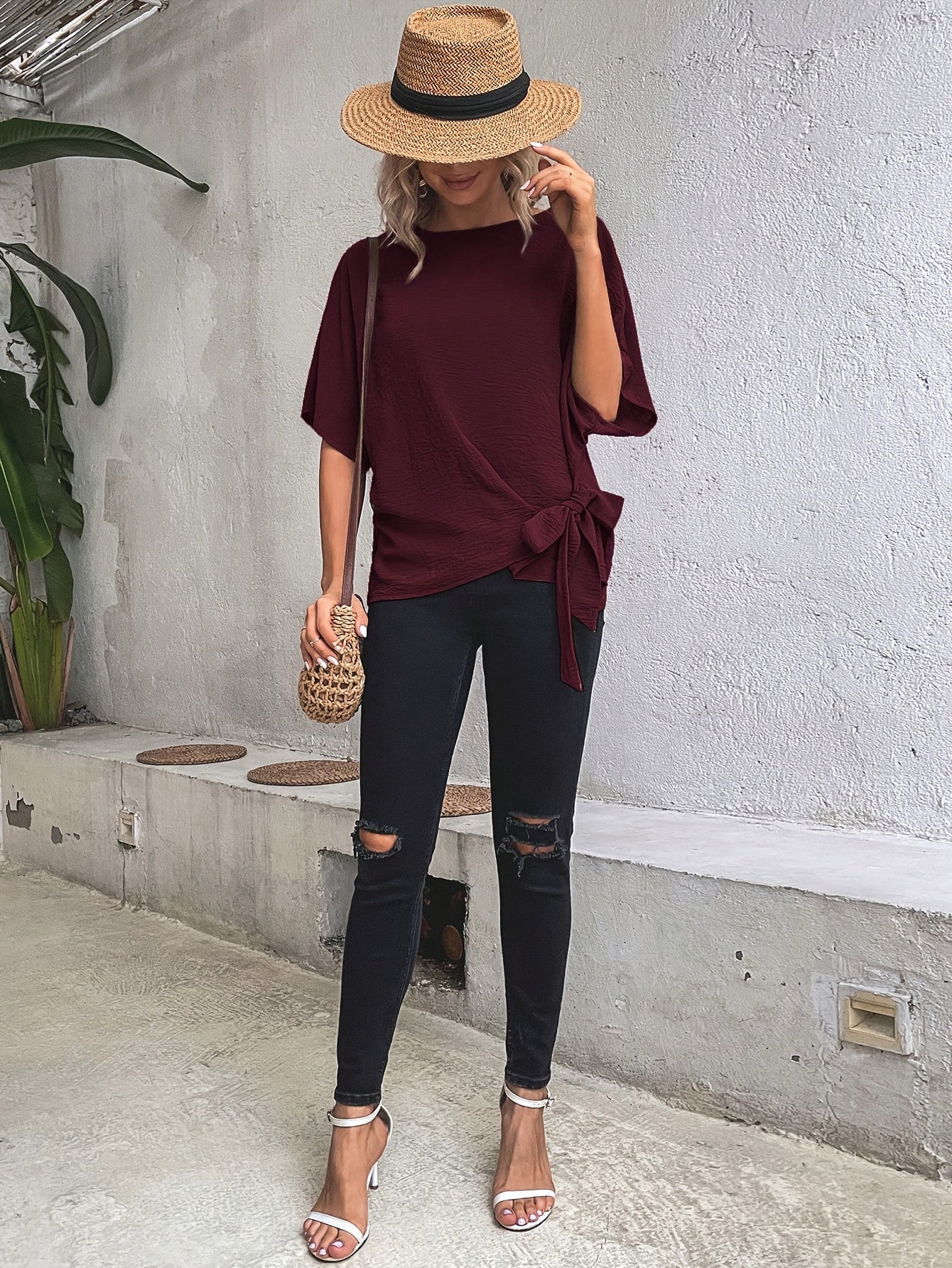 [Burgundy Casual Shirt] Burgundy Women's Casual Shirt | Batwing Sleeve, Side Knot Detail, Round Neck, Solid Color, Machine Washable, Regular Fit