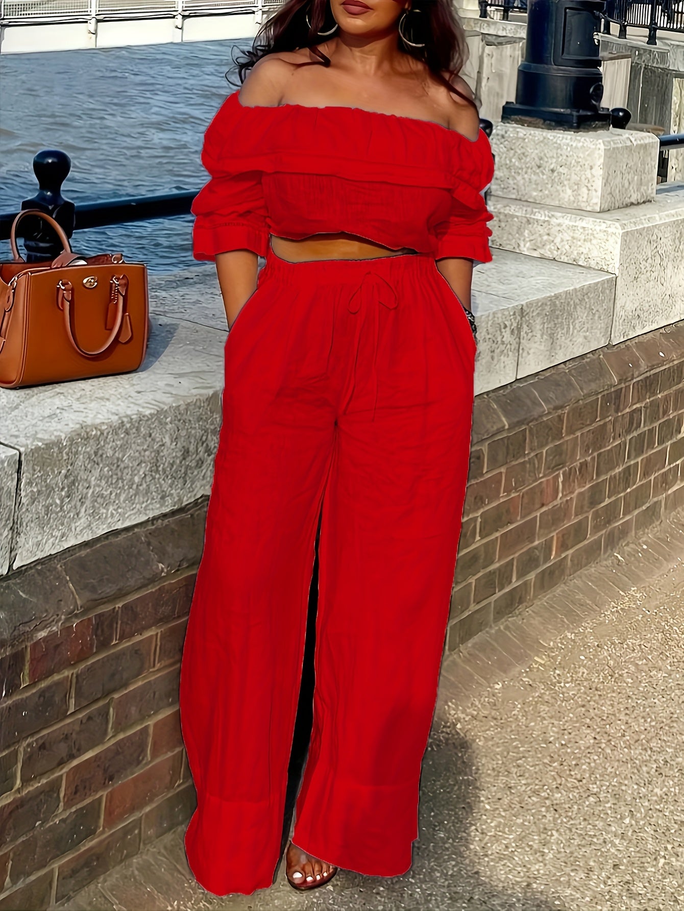 New Elegant Style Products In 2025, 2pcs Set Of Casual And Elegant Clothes For Women, Suitable For All Seasons To Wear, One-shoulder Off-shoulder Solid Color Top And Strap-on Straight-leg Pants Suit