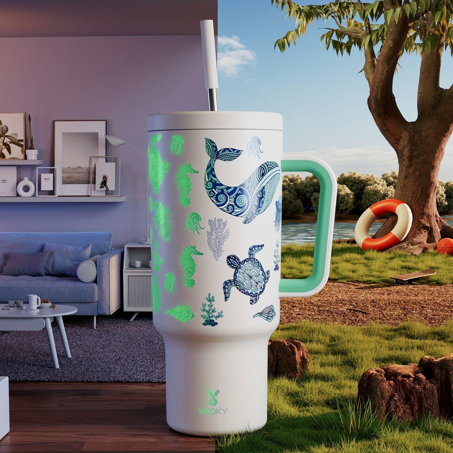Meoky 40oz Insulated Stainless Steel Water Bottle - Vibrant Butterfly Design, Keeps Drinks Hot/Cold for Hours, with Lid, Straw & Handle - Ideal for Outdoor Activities, Camping, Hiking, Car Travel - Perfect Easter Gift