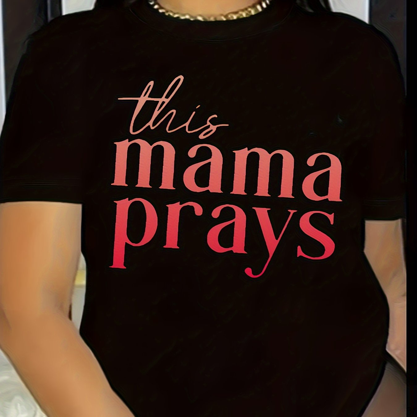 Plus Size Casual Crew Neck Short Sleeve Mama Prays Print T-Shirt, Women's Clothing