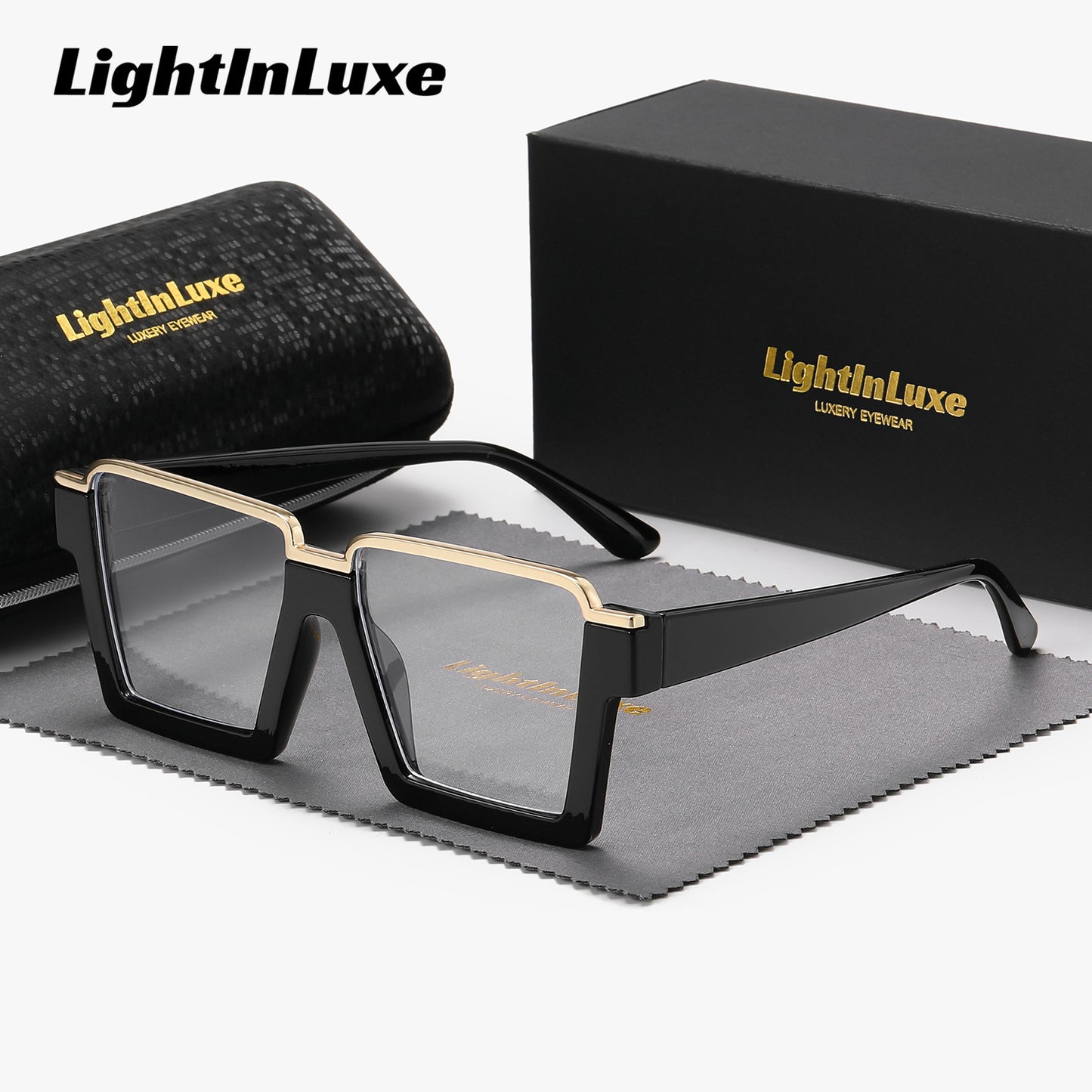 LightInLuxe Unisex Fashion Semi-Rimless Clear Glasses - Outdoor Leisure Anti-Blue Light Square Clear Glasses with Golden Accents, Casual Style, Anti-Glare Lenses, Comfortable Fit, Outdoor Glasses|SemiRimless Glasses|Durable G