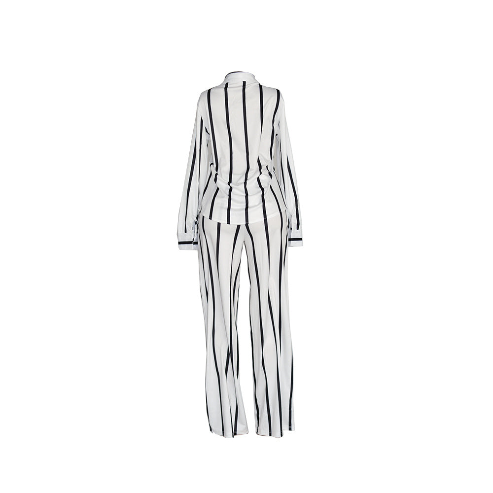 [Two-piece Set Long Sleeve Shirt] Striped Print Two-piece Set, Button Front Collar Long Sleeve Shirt & High Waist Wide Leg Loose Pants Set, Women's Clothing