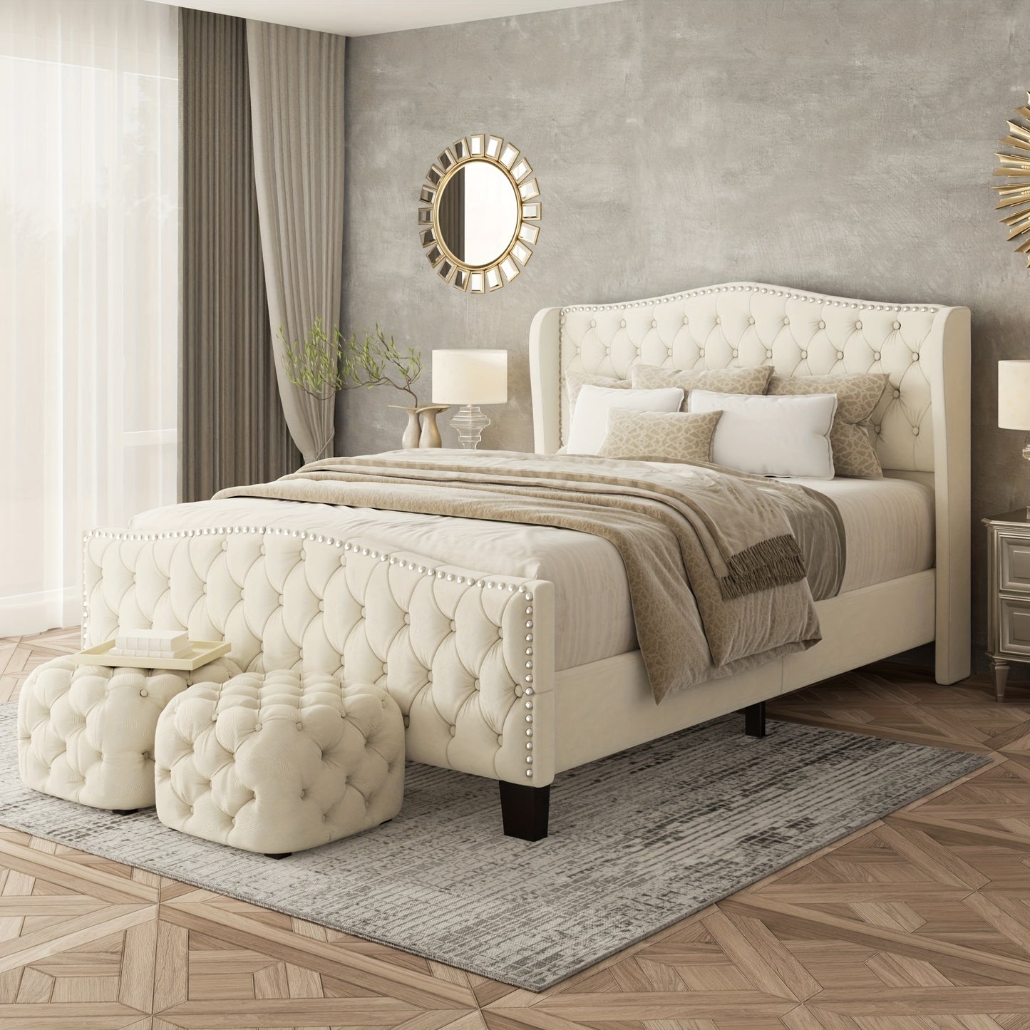 Queen Size Platform Bed Frame with 51-inch Tall Camelback Headboard & Wingback, Gorgeous Studded Trim, Mattress Foundation, No Box Spring Needed, Cream