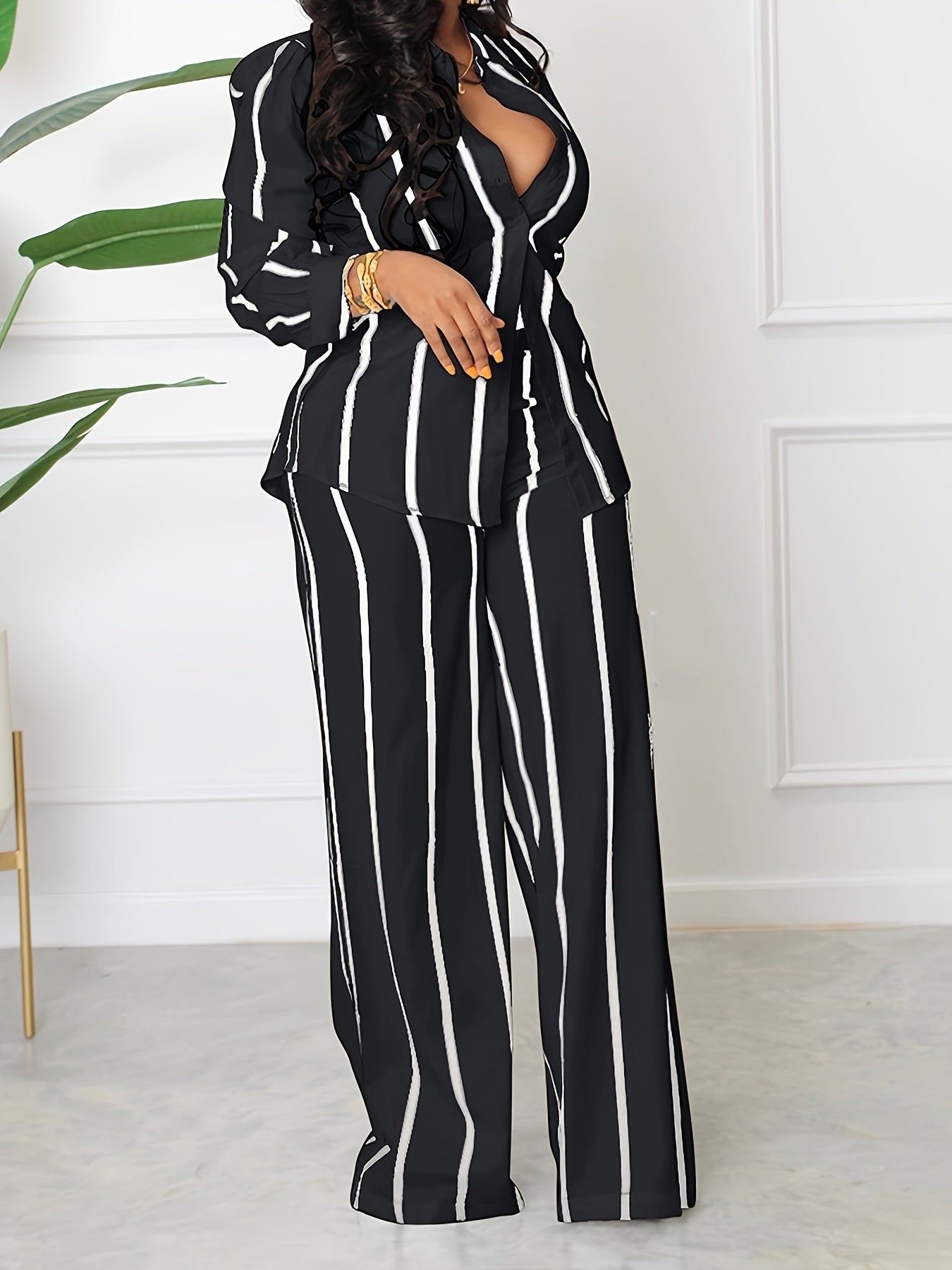 [Two-piece Set Long Sleeve Shirt] Striped Print Two-piece Set, Button Front Collar Long Sleeve Shirt & High Waist Wide Leg Loose Pants Set, Women's Clothing