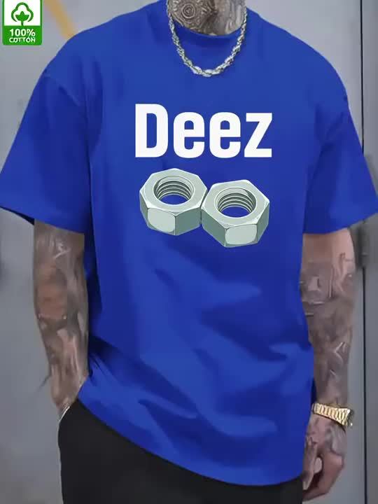 Men's Casual Loose Fit Round Neck T-Shirt - White Tee with Bold "Deez" Text & Nut Graphics, Machine Washable Streetwear Top for Everyday Comfort