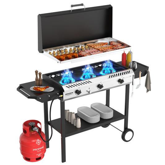 3 outdoor gas burners-style gas stoves, equipped with frying pans, ignition devices and side shelves, with a power of 225,000 watts. This powerful outdoor gas stove is suitable for backyard patio cooking, family camping,