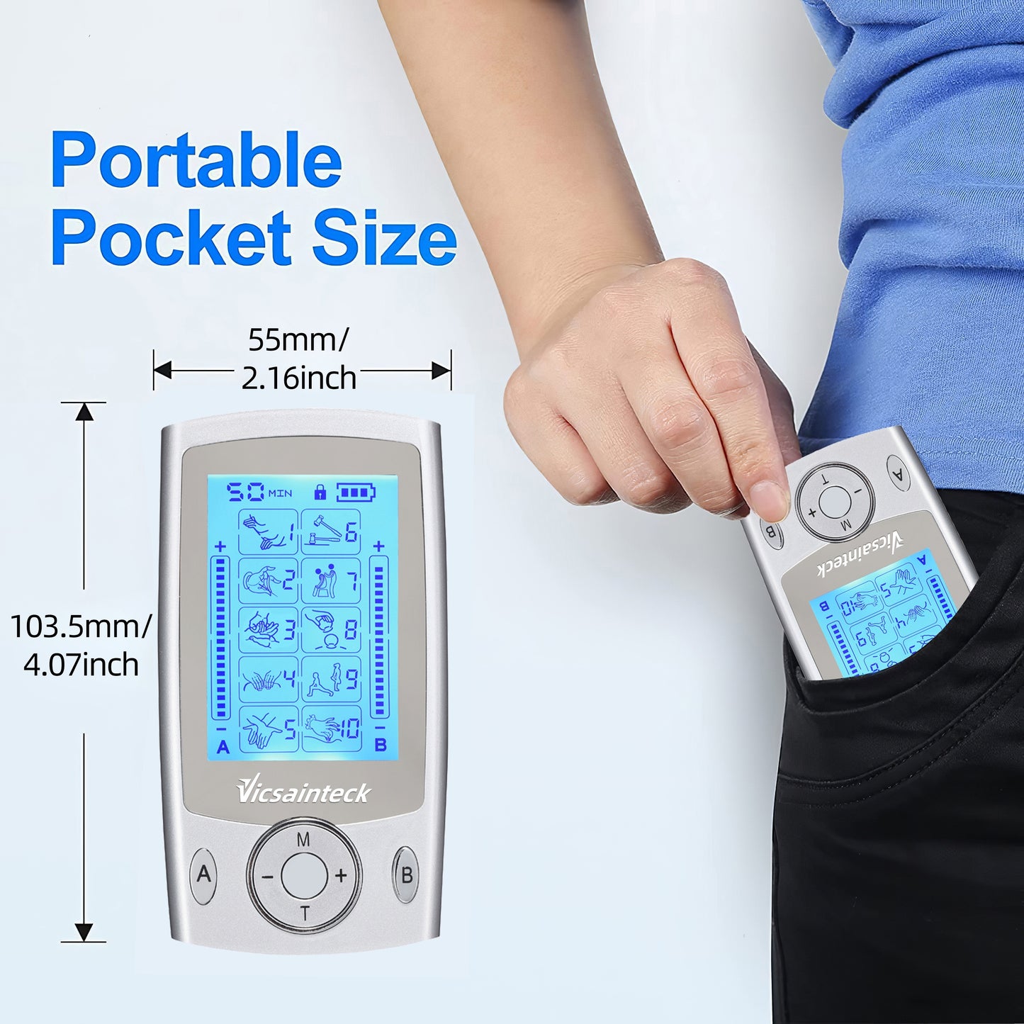 [Portable TENS Stimulator] Portable Rechargeable TENS Unit Muscle Stimulator Machine | 1pc Independent Dual Channel, 10 Modes, 20 Levels of Intensity, with 4pcs 2"x2" Premium Electrode Pads