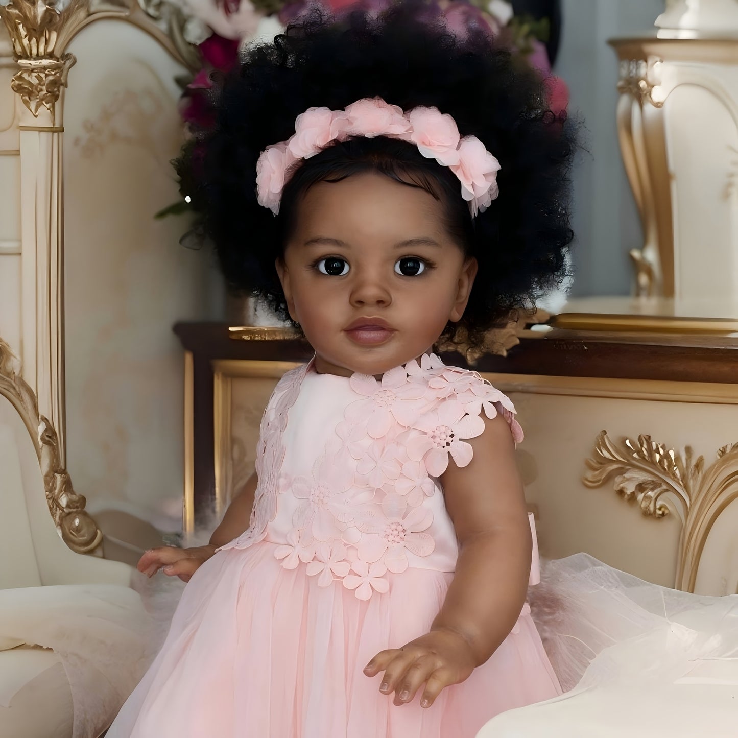 [Realistic Reborn Baby Doll] 26" African American Black Realistic Reborn Baby Doll with Rooted Curly Hair, Expressive Eyes & Lifelike Light Beige - Newborn Girl Doll with Outfit & Diaper - Ideal Gift for Girls Age 3+ (Vinyl &