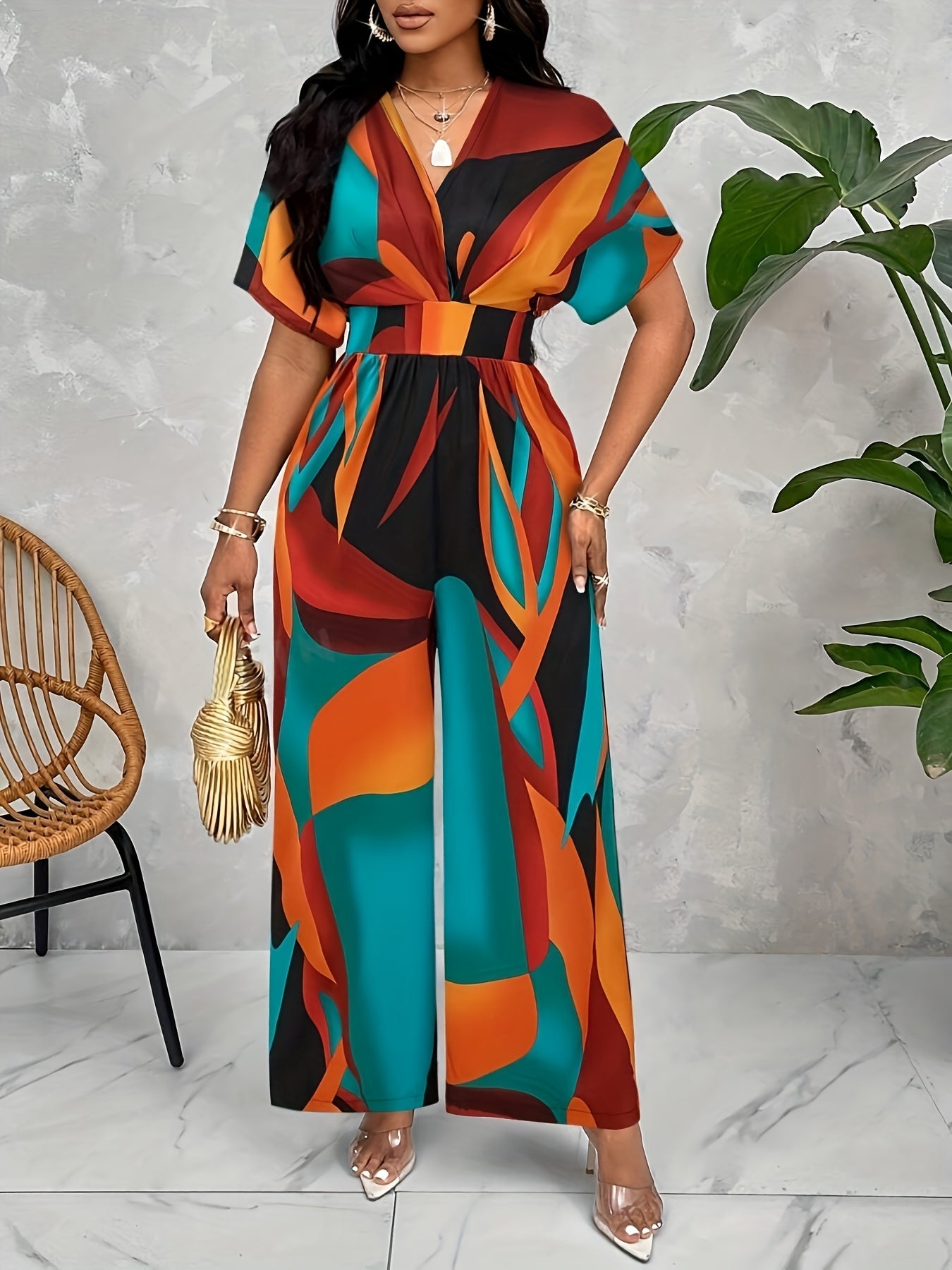 [Vibrant Jumpsuit] Vibrant Geometric Women's Jumpsuit - V-Neck, Polyester, Batwing Sleeves, Tie Waist, Machine Washable, Perfect for All Seasons