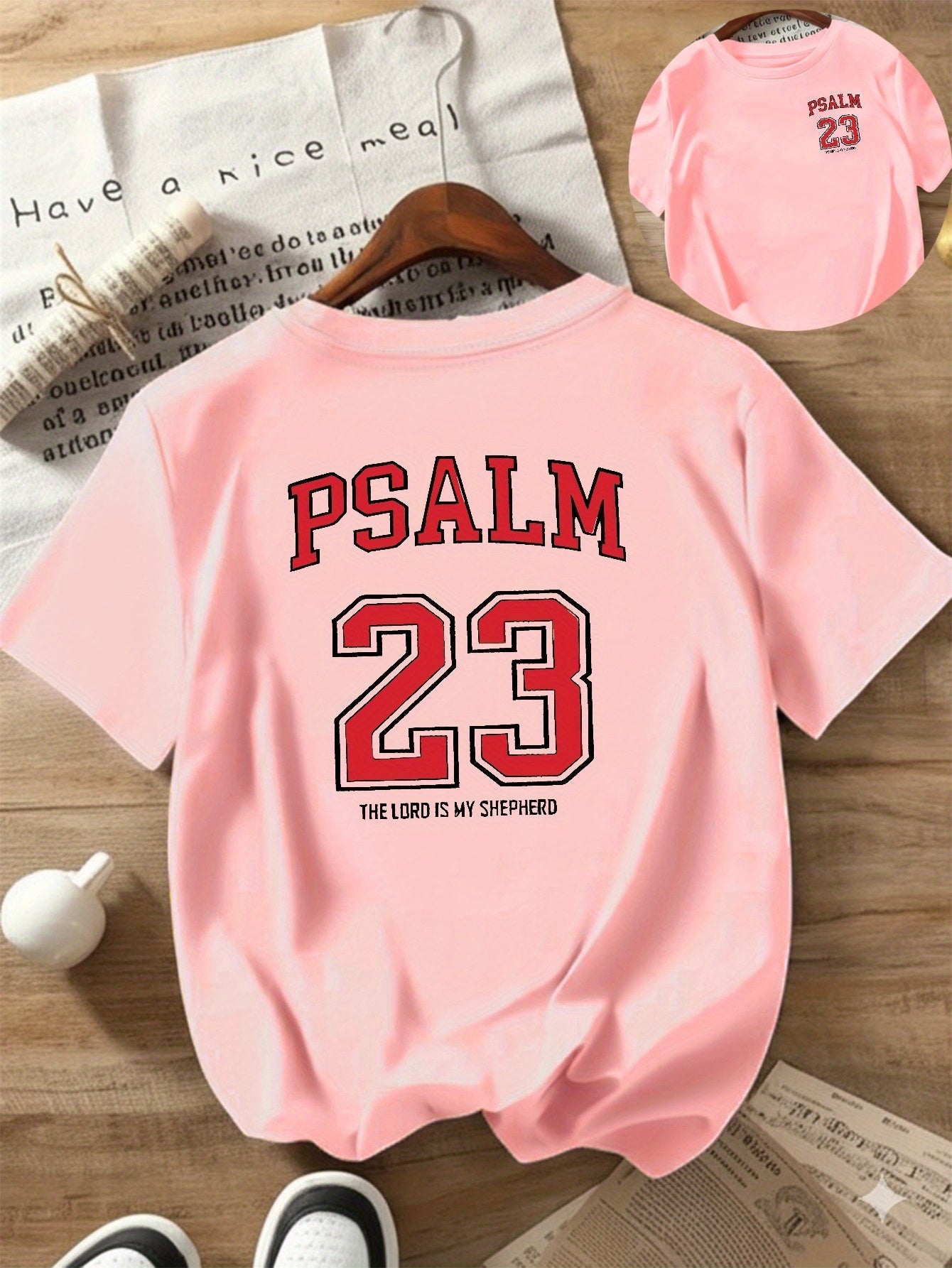 Black with Red Lettering Psalm 23:5 Print Women's Casual T-Shirt - Comfortable Crew Neck, Short Sleeve, Classic Summer Top for Casual Attire, Faith Inspired Apparel | Durable Casual wear, Ladies T Shirts