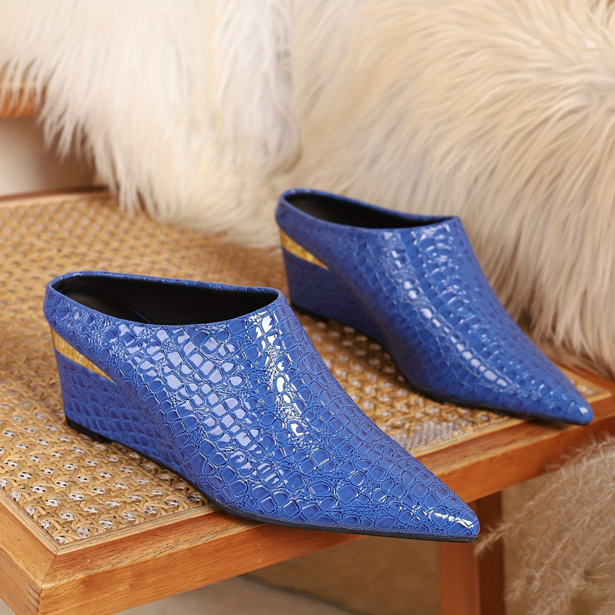 1 Pair Of Wedge Sandals, Stone Pattern, Blue And Green Wedge Shoes, Large Size Simple, One Foot Pedal, Pointed Toe Deep Mouth, Four Seasons Shoes, European And American Style, Goddess Shoes, Versatile Large Size Shoes, Wedge