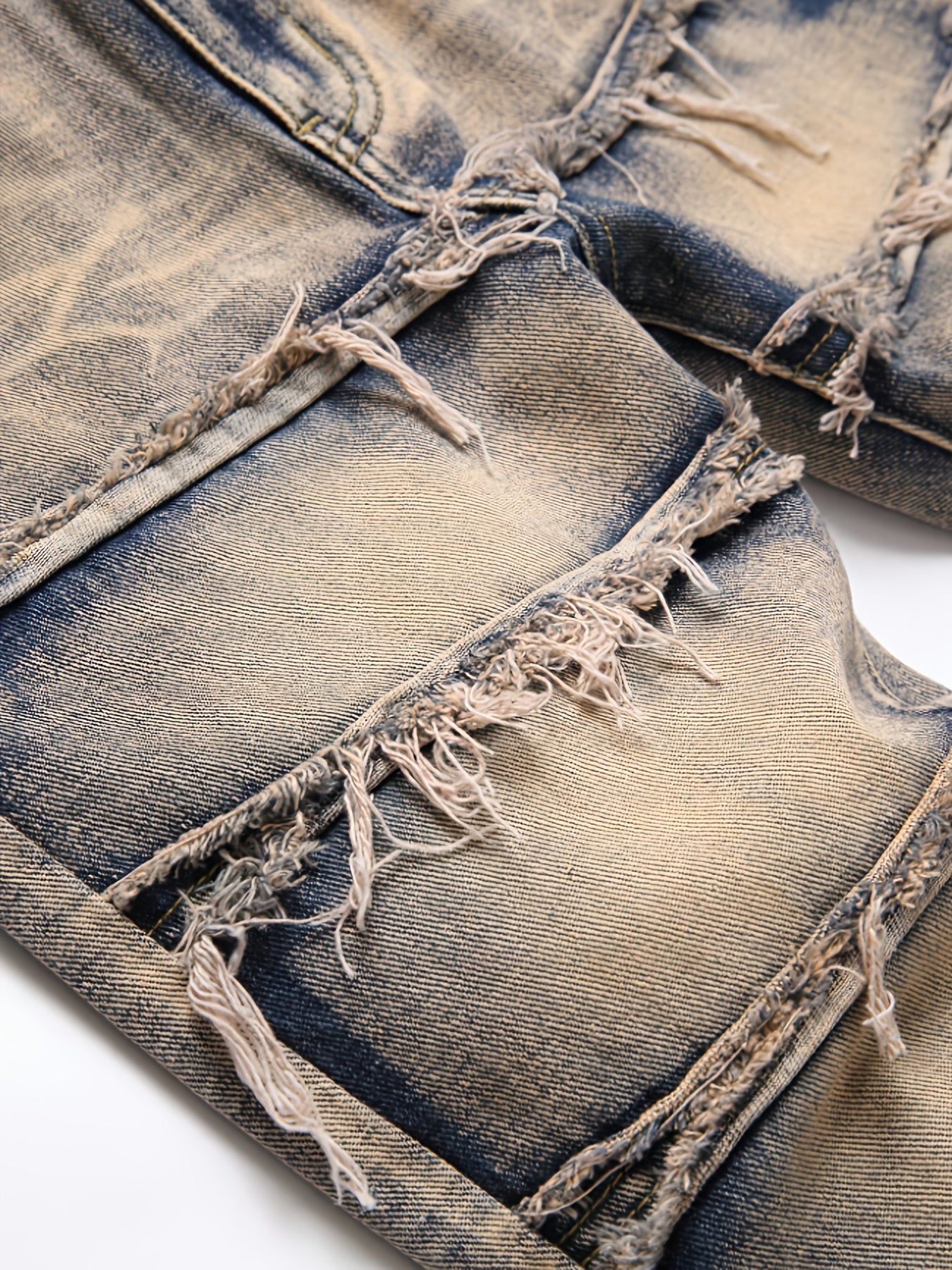 HME Men's Heavy Washed Vintage Blue Jeans - 3D Fringe Hem & Tassel Details, Mid-Rise Stretch Slim-Fit Straight Leg with Inner Lining, All-Season Streetwear Denim Pants (Machine Washable)