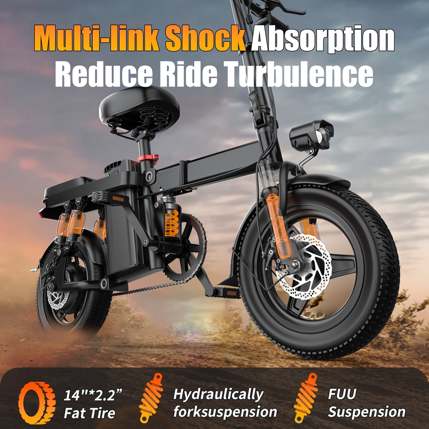 700W Peak Motor Electric Bike for Adults, 20MPH, 48V15Ah, 32-Mile Range, Folding Design with 14" Tubeless Off-Road Tires, Multiple Shock Absorbers, Black, Unisex, Perfect for Daily Commuting and City Use