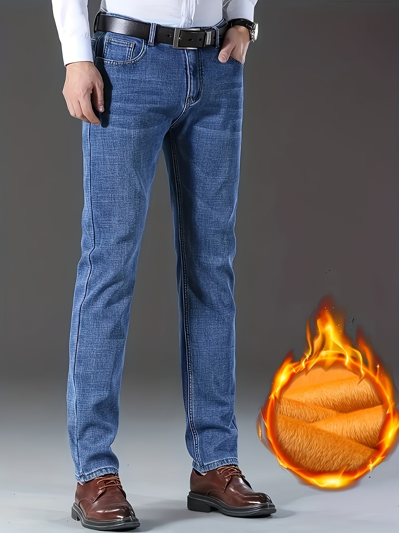 HME Men's Thermal Insulated Fleece-Like Faux Denim - Heavy-Duty Winter Pants with YKK Zipper Closure, Mid-Rise Straight-Leg Fit, Windproof & Cold-Resistant Faux Denim Trousers for Business Casual & Casual Attire, Classic Blue