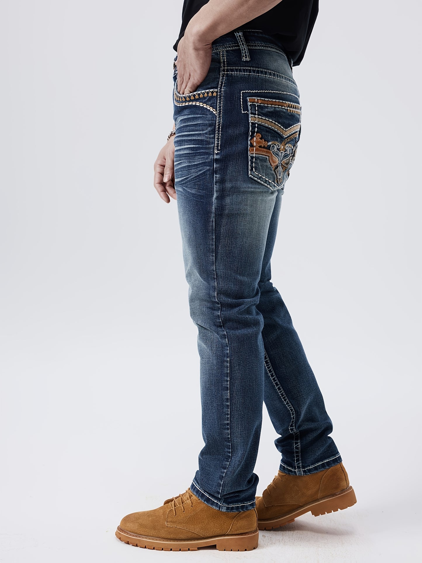 Men'S ESDVQ Embroidered Denim Jeans - Stretchy, All-Season, Casual Straight Leg Jeans With Brown Boots, Casual Attire | Embroidered Jeans | Casual Fit Jeans