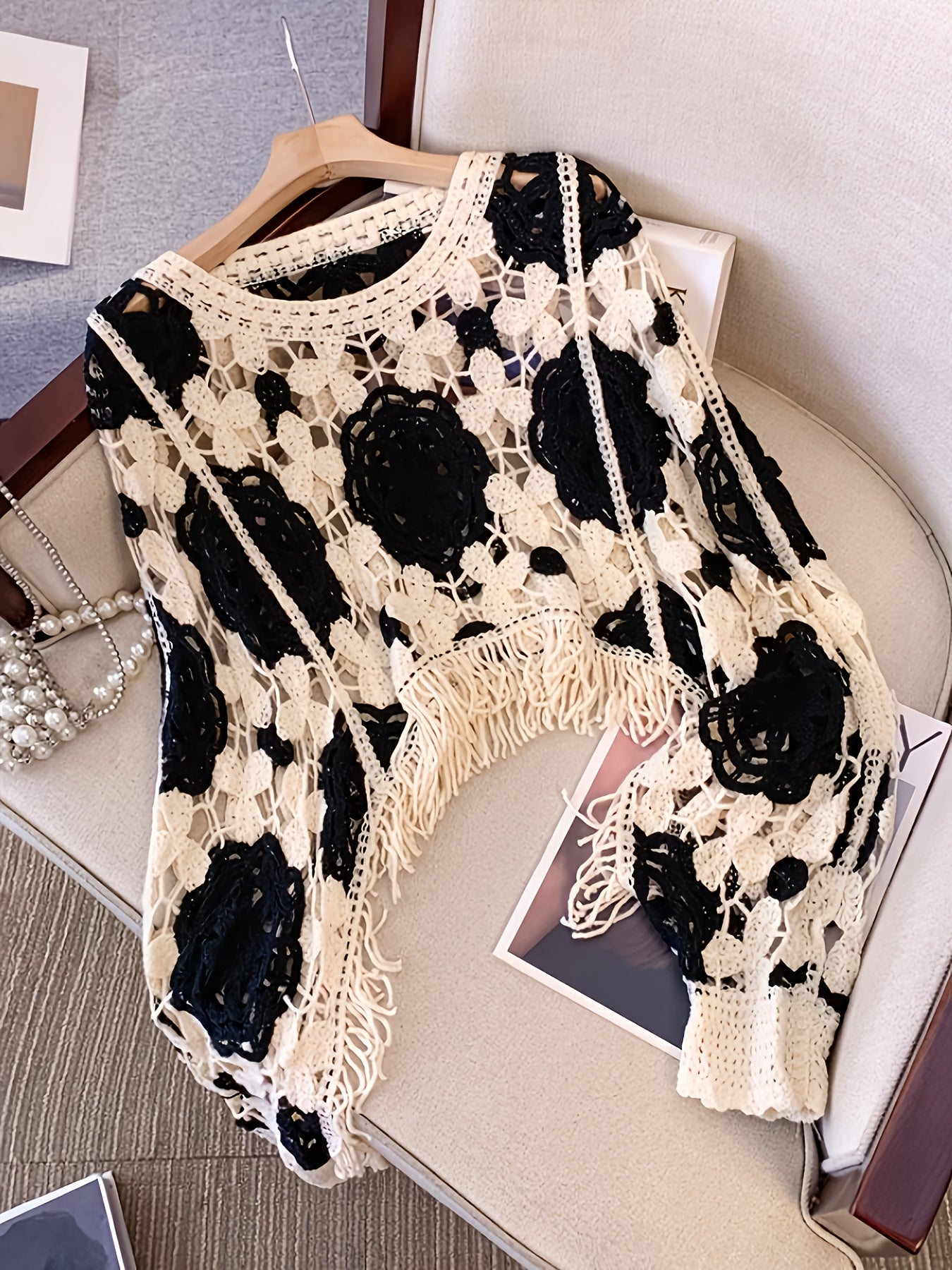 Boho Chic Cardigan Handmade Bohemian Crochet Cardigan Sweater for Women - Long Sleeve Semi-Sheer Cover-up with Ethnic Geometric Pattern in Beige/Brown, Loose Fit for Beach, Parties, Everyday - Boho Chic, Lace-like Layering