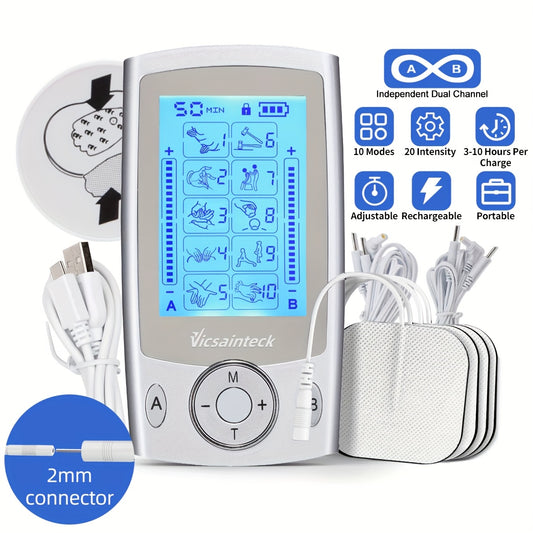 [Portable TENS Stimulator] Portable Rechargeable TENS Unit Muscle Stimulator Machine | 1pc Independent Dual Channel, 10 Modes, 20 Levels of Intensity, with 4pcs 2"x2" Premium Electrode Pads