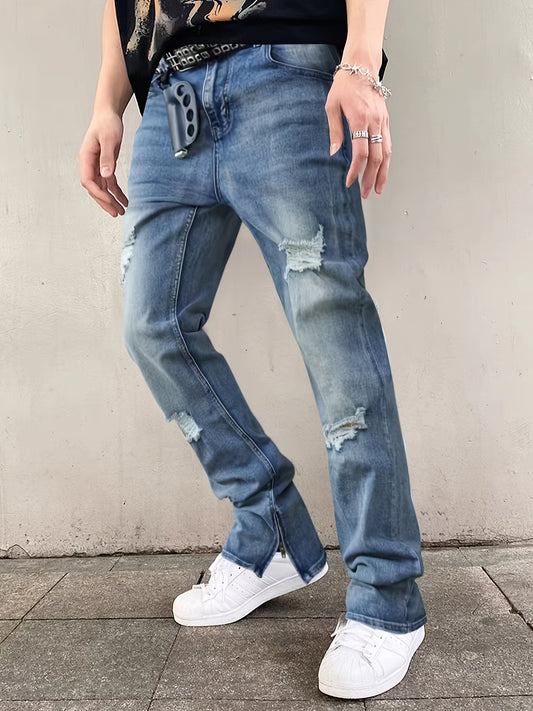 Men's Loose Straight Ripped Jeans - Men's Blue Stretch Micro Flared Pants, Leg Zipper, Washed Gradient Design, Mid to High Waist, Stylish Street Split, All-Season Jeans