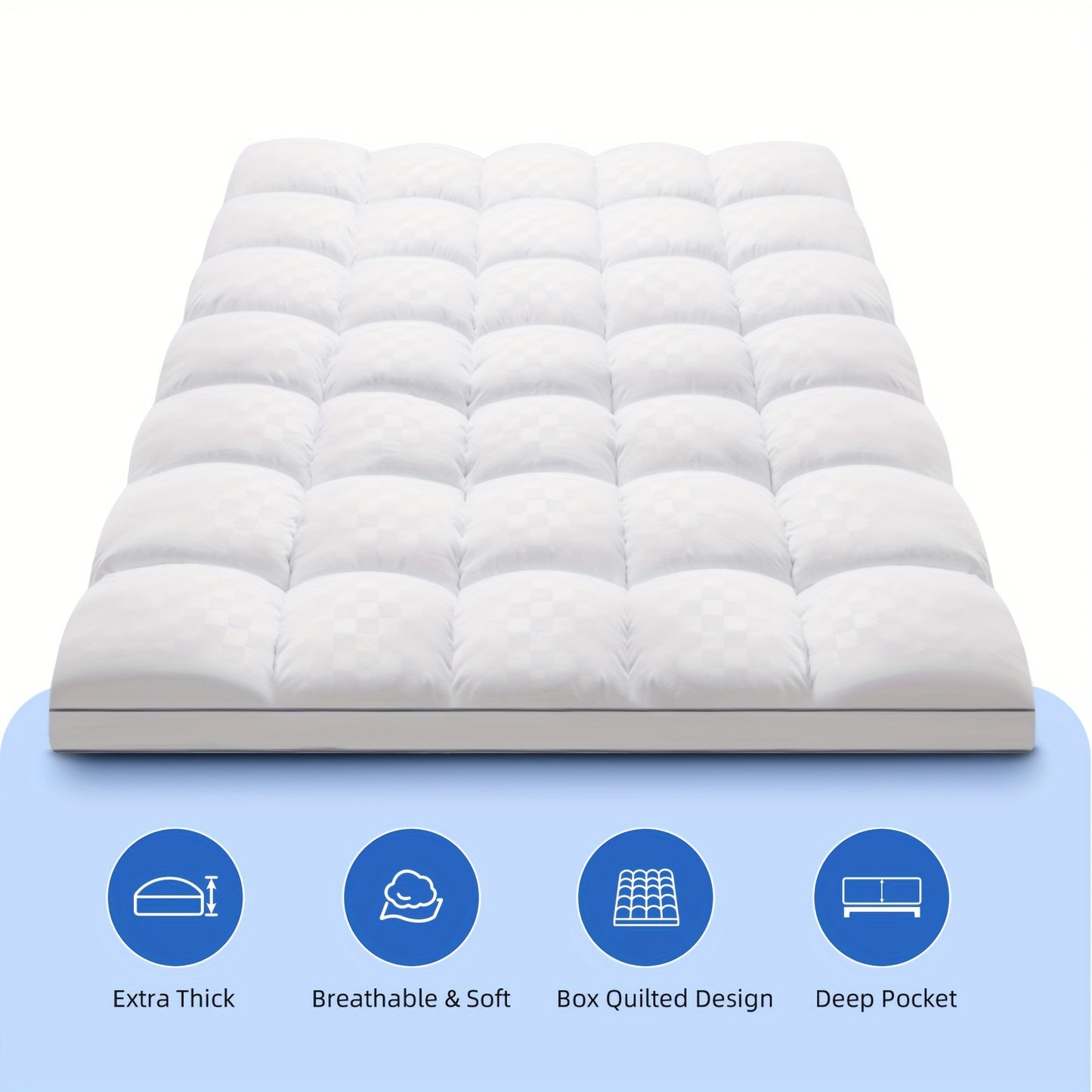 Extra Thick Quilted Mattress Topper - Soft White Stretches 8-21" Deep, Cooling Comfort Pad with Diamond Pattern for Bedroom & Guest Room