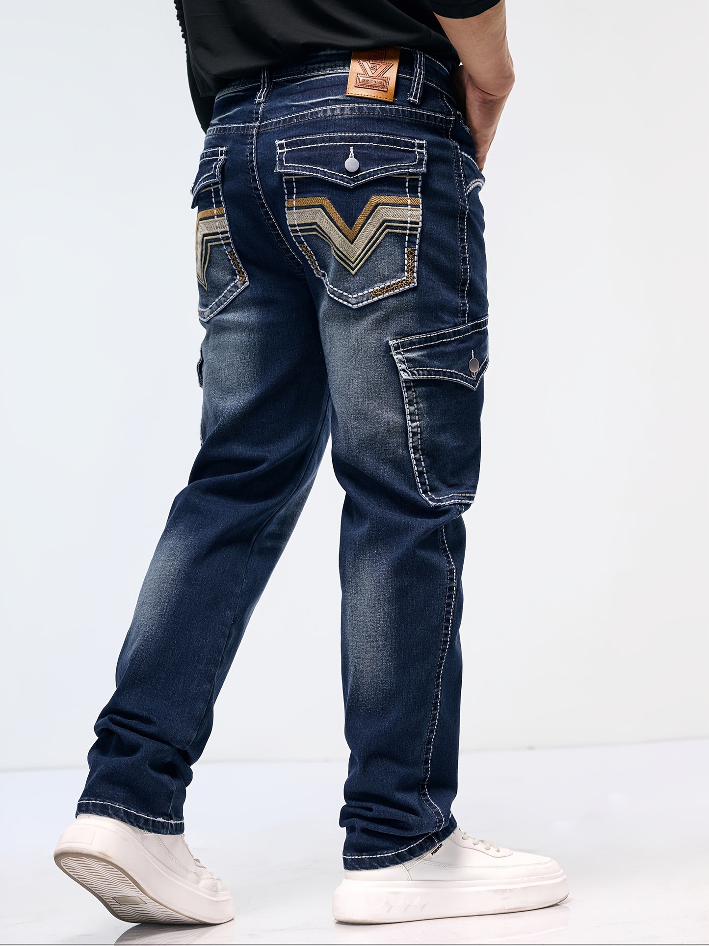 Men's Vintage Embroidered Stretch Denim Jeans with Multiple Pockets - Cotton Blend, Machine Washable