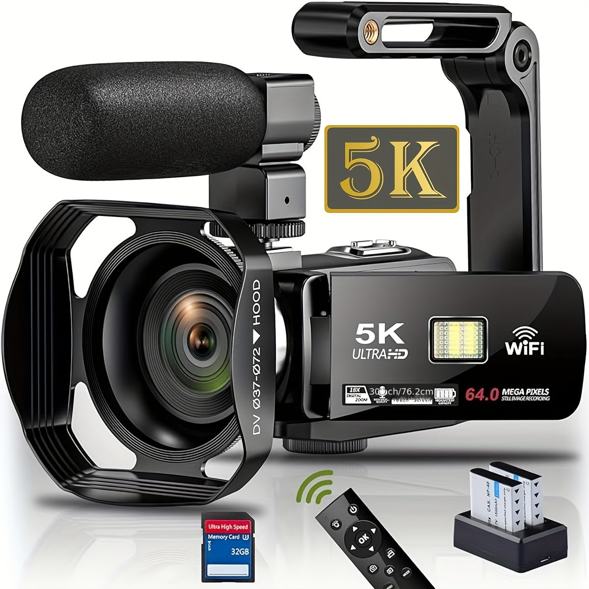 [5K Video Camera, WiFi Camcorder] 64MP 18X Zoom WiFi Digital Camera - 5K Video Camcorder with IR Night Vision, 3.0'' Touch Screen, YouTube Recorder, 32GB SD Card, Microphone, 2.4G Remote Control