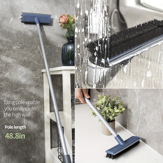 EMMAMA Brand Cleaning Brush, 2 In 1 Floor Scrub Brush With Squeegee For Floor And Wall Cleaning, With Long Handle, 2 In 1 Scrubber And Squeegee For Cleaning Bathroom, Patio, Garage, Wall, Tile With Stiff Bristles, Baseboard C