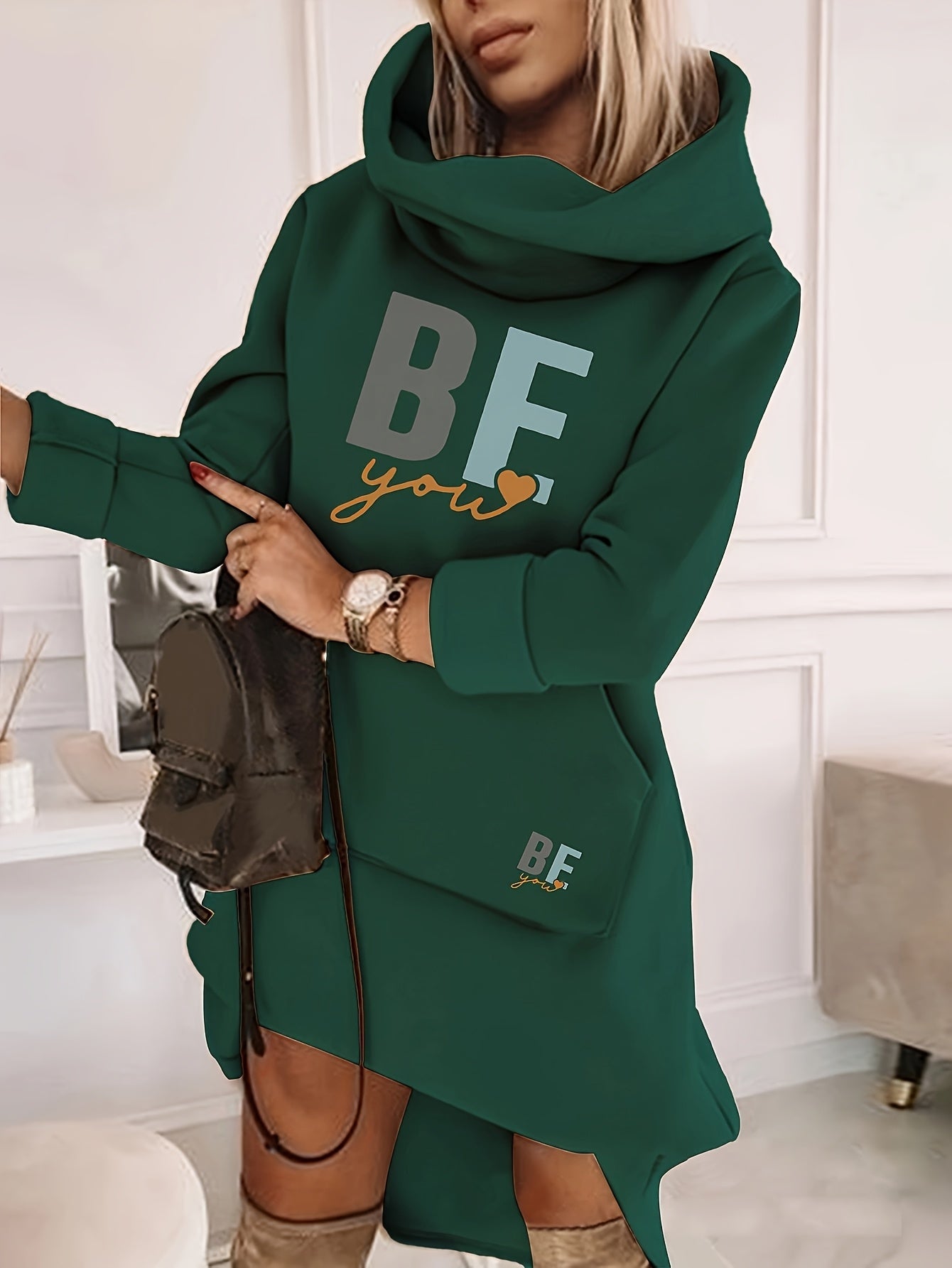 [Motivational Hoodie Dress] Royal Blue Women's Hoodie Dress | BE YOU Motivational Text, Hooded Pullover, Machine Washable, Geometric Pattern, Comfortable Fit, Lounge Wear, Trendy Fashion, Easy Care Fabric