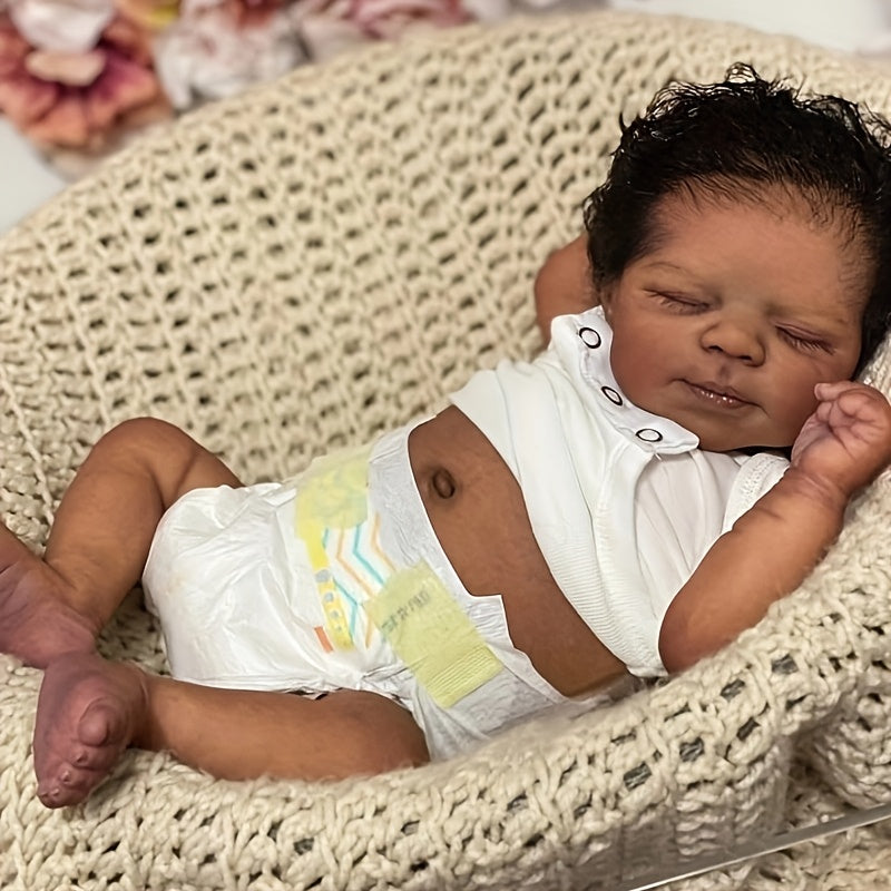 19 Inch Reborn Baby Doll- Soft Full Vinyl Body, Lifelike Newborn Sleeping Doll Dark Brown Girl, Rooted Hair, Lovely Kids Toy Gift, Realistic Alive Doll For Birthday/ Thanksgiving Day/ Christmas Gifts