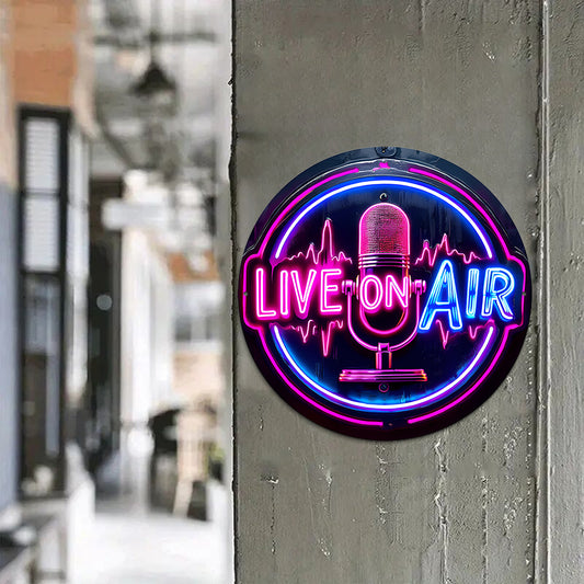 [Live on Air Neon Sign] 1pc 2D Live on Air Neon Sign - Vintage Aluminum Round Plaque, 8x8 inches Retro Multi-Purpose Decor for Home, Garage, Porch, Cafe, Club - Ideal Gift for All Occasions