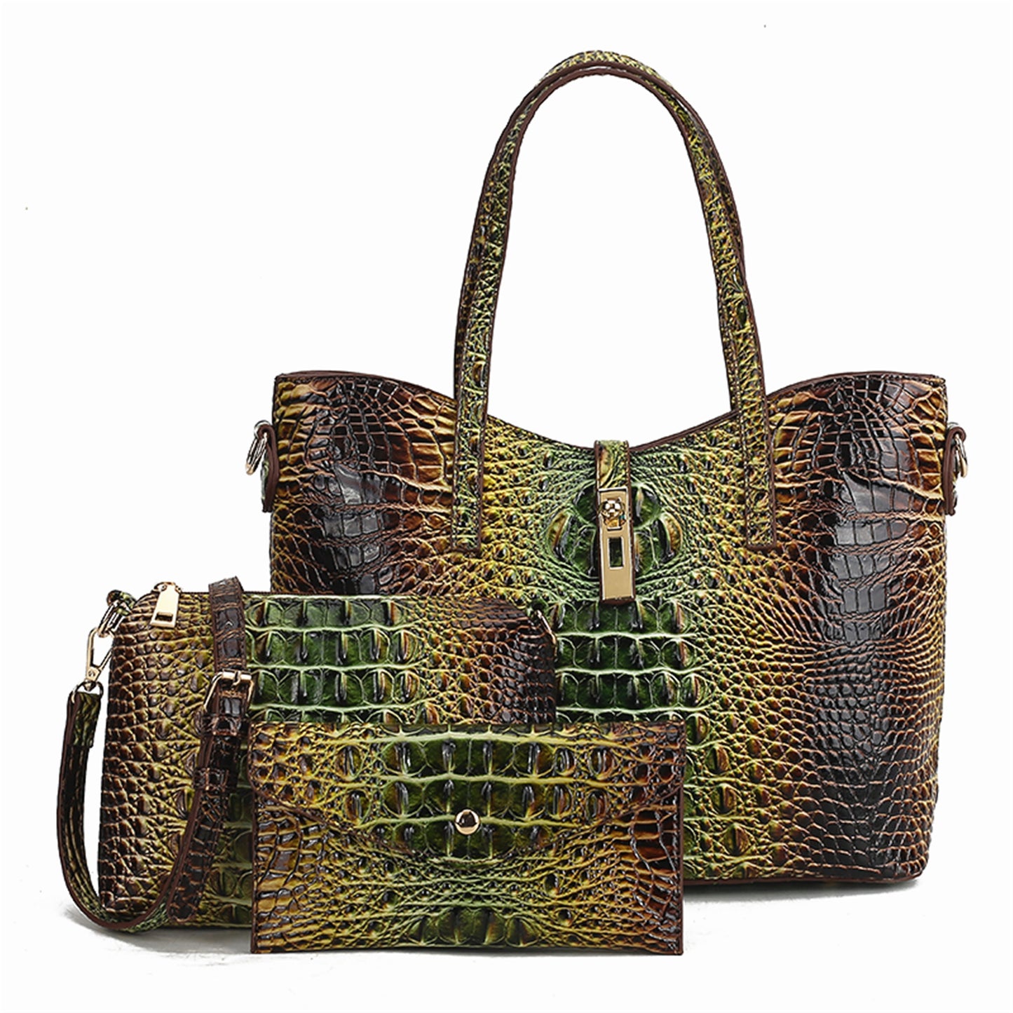 3pcs Set: Colorful Crocodile Pattern Large Capacity Faux Leather Tote & Crossbody Bags With Matching Wallet Combo, Christmas, Mother'S Day Gifts, Halloween Gifts