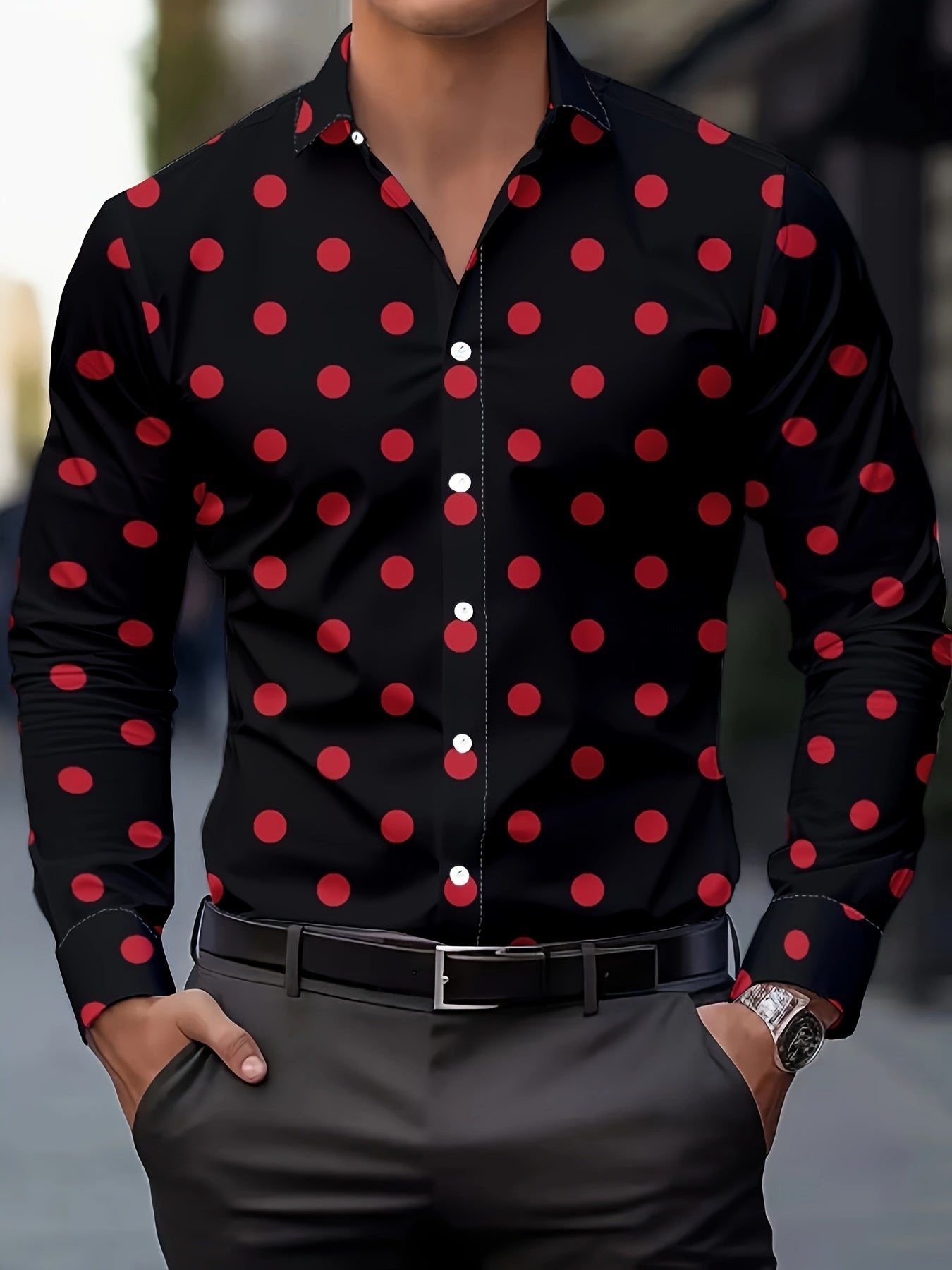 [Men's Casual Shirt] Men's Casual Shirt - Red & Black Polka Dot Print, Machine Washable Non-Elastic Fabric, Classic Button Front, Regular Fit Long Sleeve for Spring/Autumn Outdoor & Casual Wear, Seasonal Fashion, Straight Sle