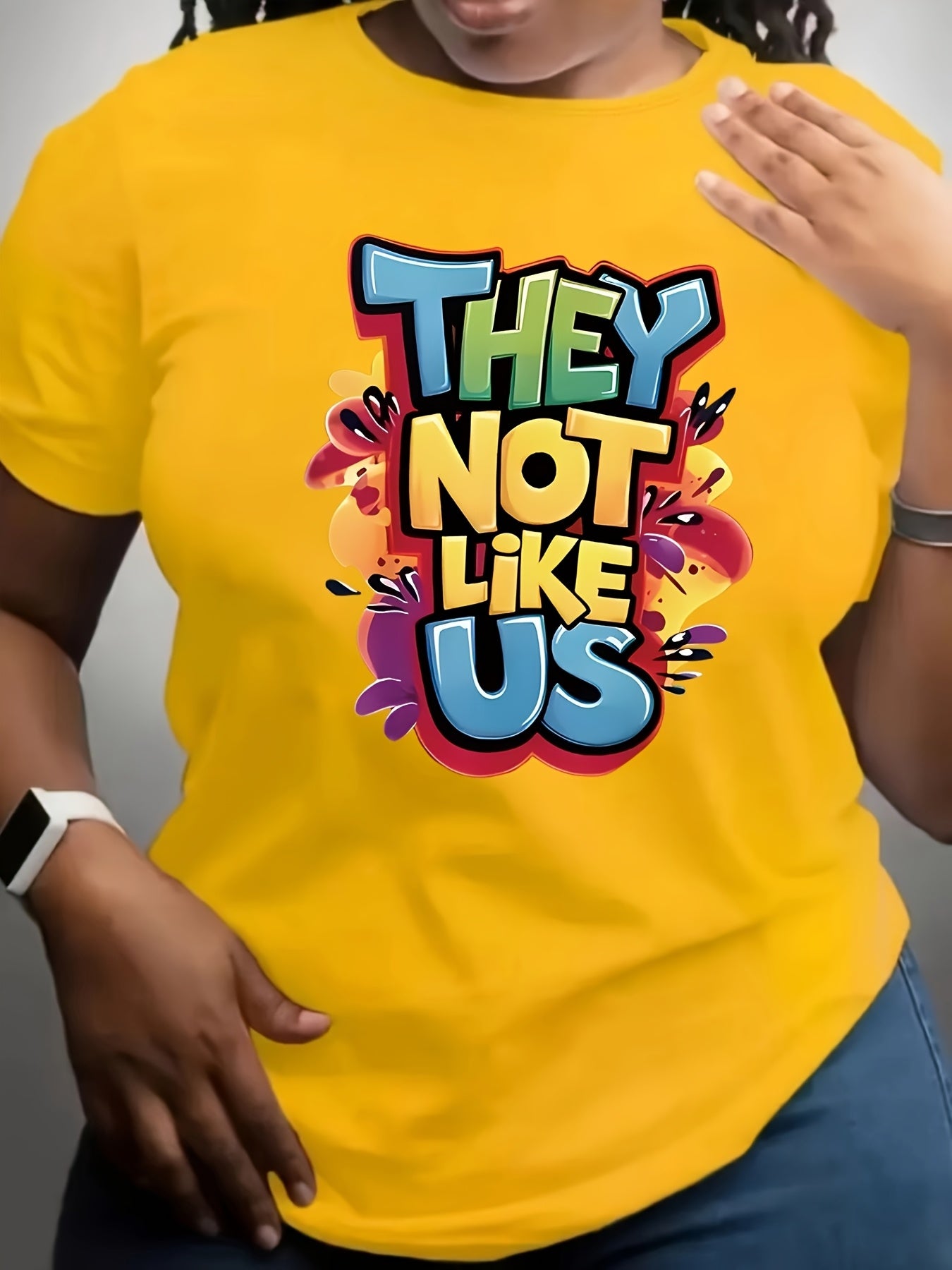 Women's Plus Size Casual Graphic Tee - "They Not Like Us" Colorful Print, Short Sleeve, Round Neck, Stretchy Polyester Blend, Machine Washable, Spring/Summer Fashion Top, Summer Tshirt | Statement Tshirt | Glossy Fabric Finis