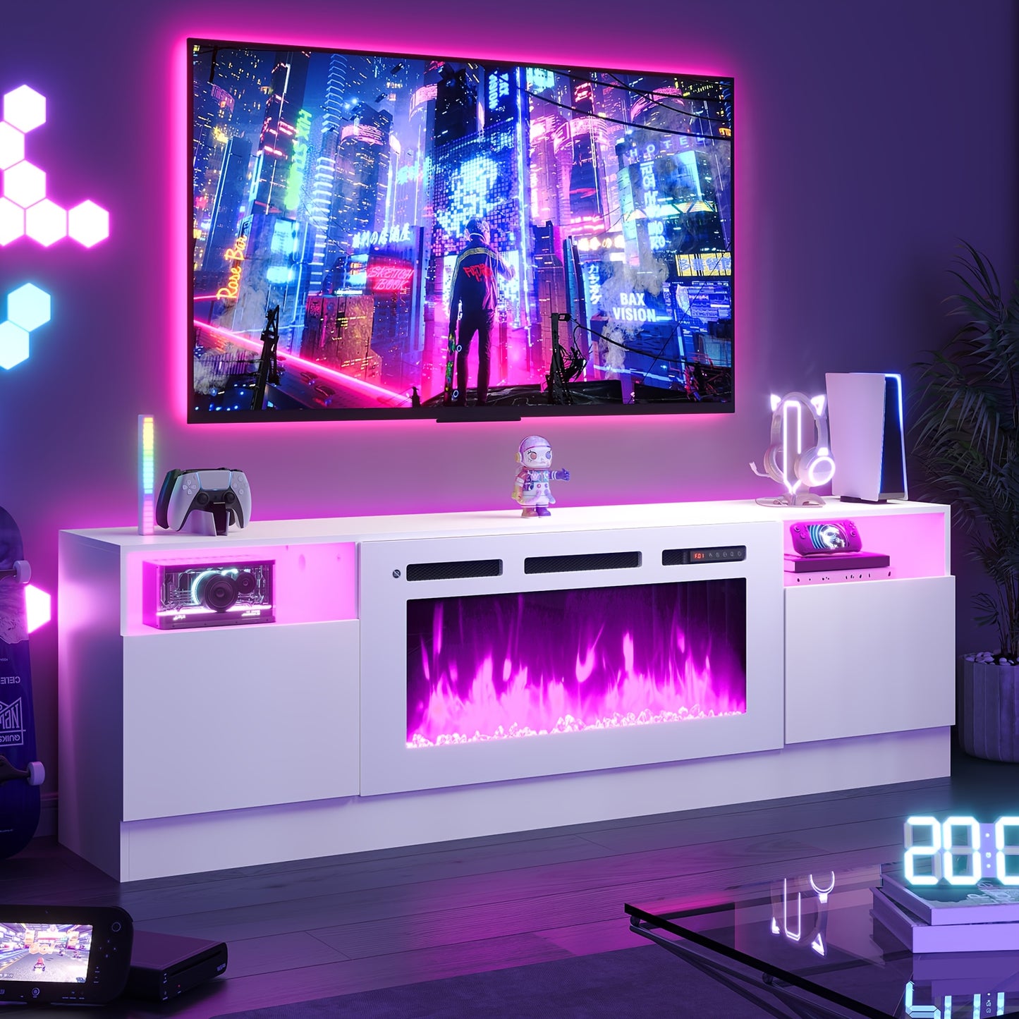 Modern Electric Fireplace TV Stand Entertainment Center with 36.3" Wall-Mounted Fireplace, 12-Color LED Lights, High-Gloss Storage Cabinet & Hardwood Construction - Fits TVs Up to 80", Energy-Efficient, Adjustable Timer