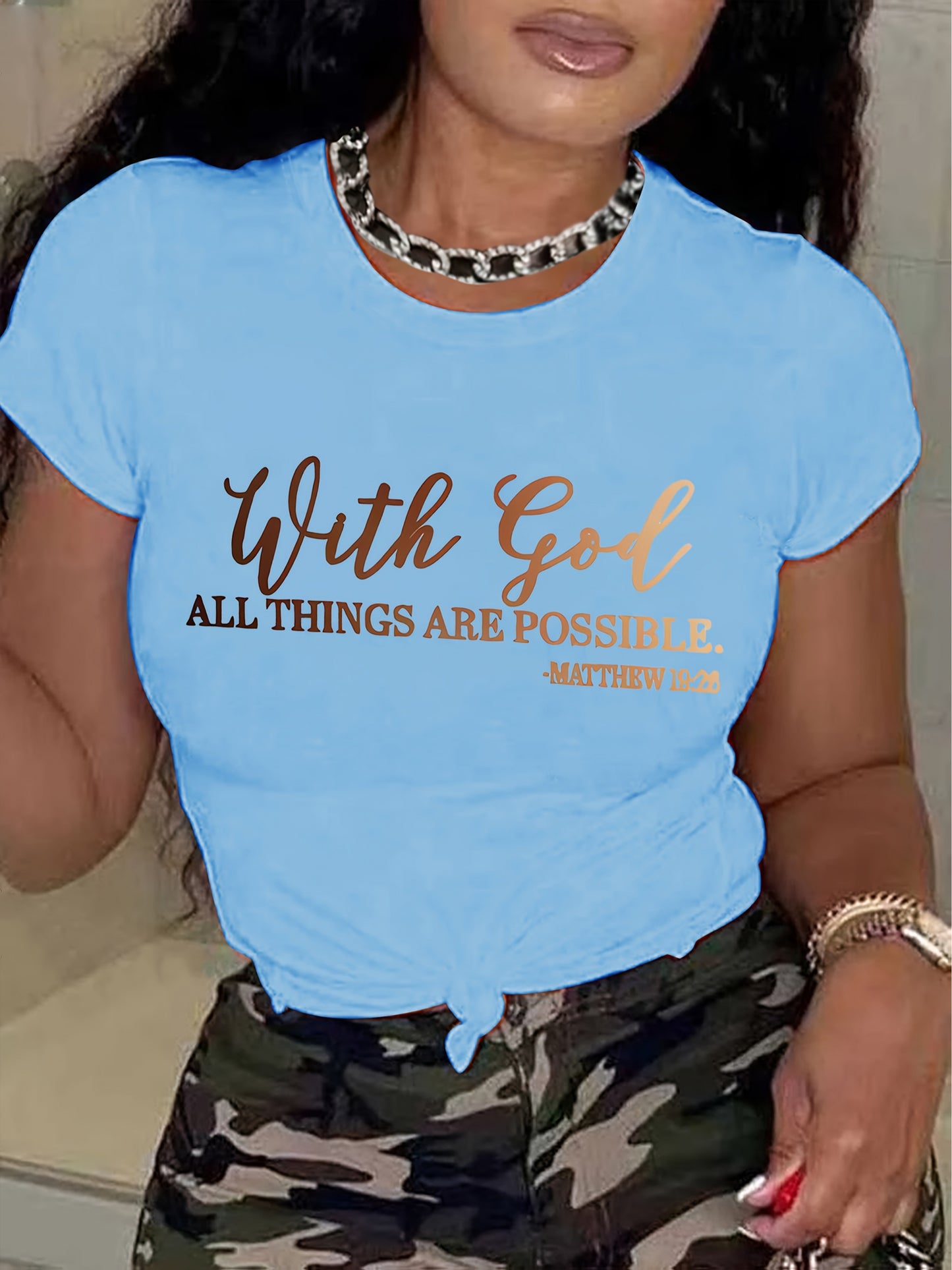 [Soft Christian Faith T-Shirt] Women's Soft Everyday Christian Faith T-Shirt | 'With God Everything is Possible' Bible Verse (Matthew 26:4) | Light Blue Casual Top for Church, Everyday Outfits | Machine Washable, Durable, Com